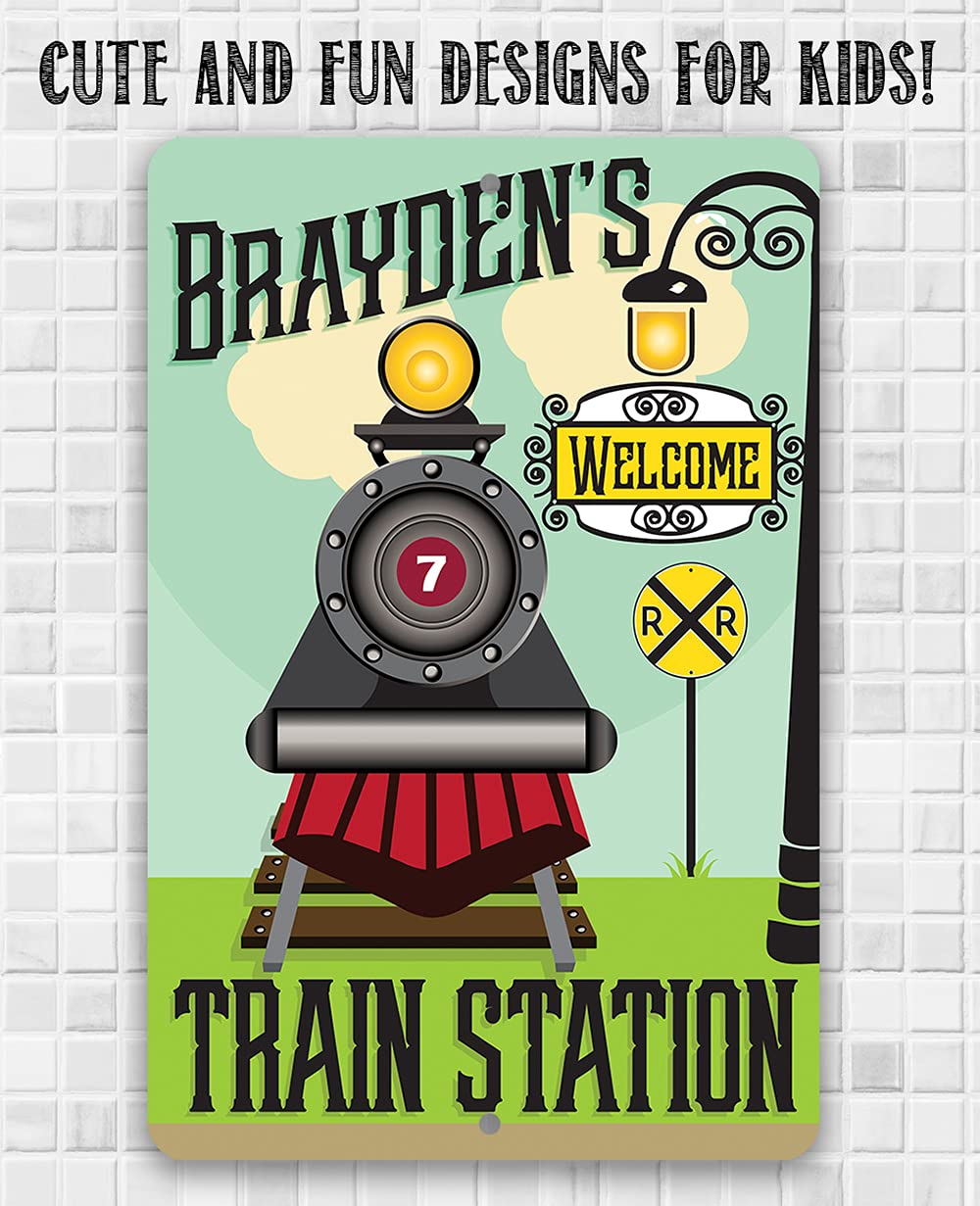 Personalized Train Station – Cute Railroad Crossing Decor, Baby Boy Room Accessories, Playroom Decoration and Custom Baby Shower Gift, 8×12 or 12×18