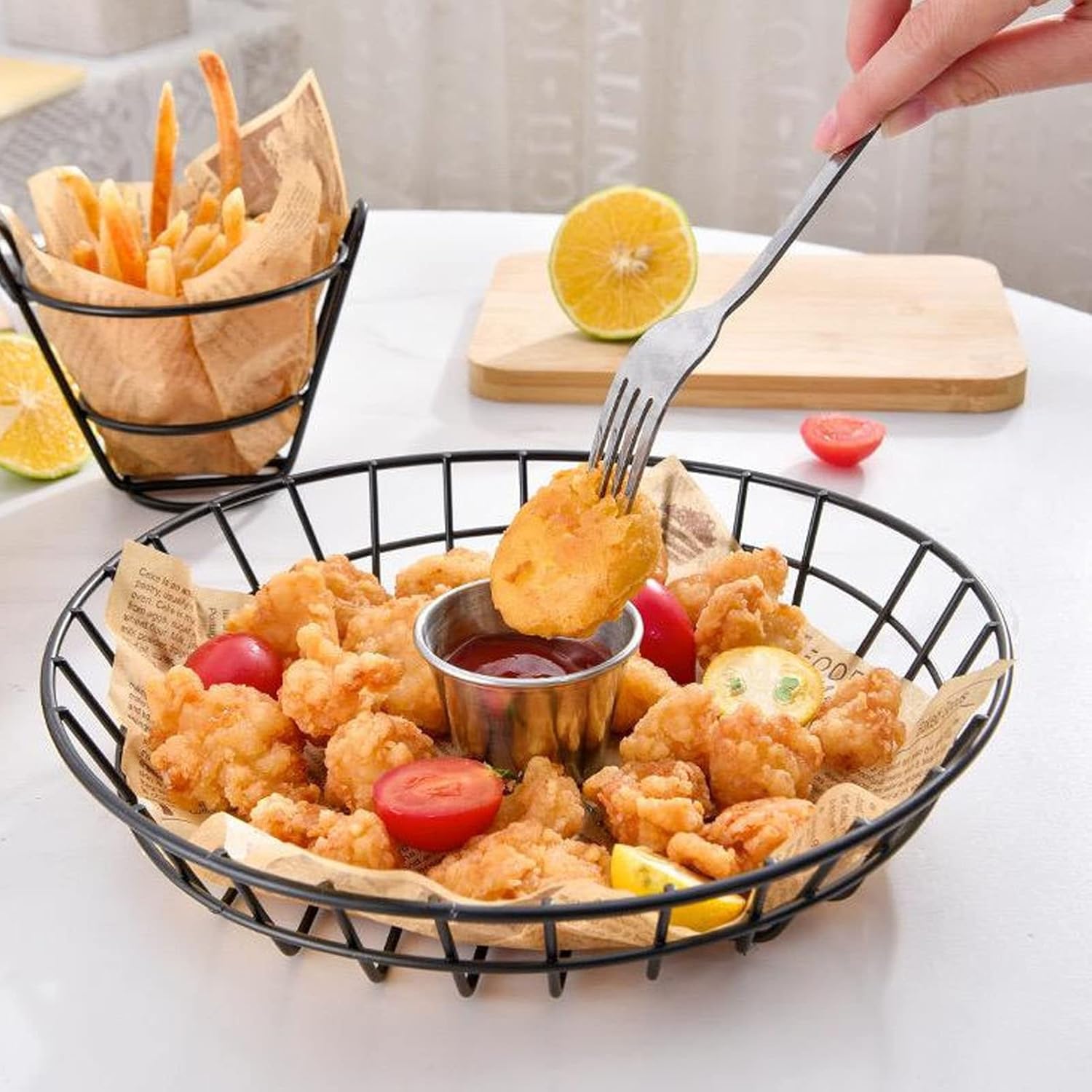 Juego de 2 cestas de acero inoxidable para papas fritas resistentes para aperitivos, bares, restaurantes, cestas de acero inoxidable (1)