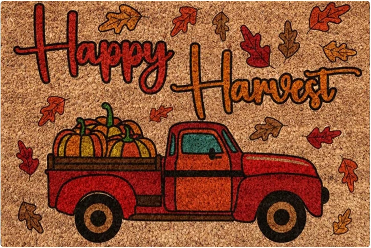 Tapete de otoño al aire libre para entrada al aire libre, feliz otoño, hojas doradas, otoño, calabaza, camión, porche, cocina, decoración de Acción