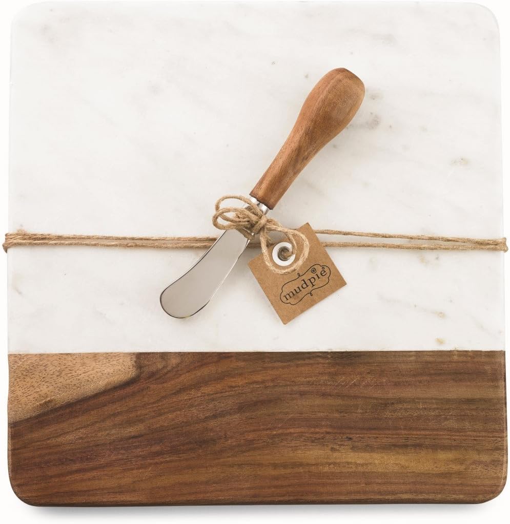 Mud Pie 4751032, tabla para servir de mármol y madera con esparcidor, blanco
