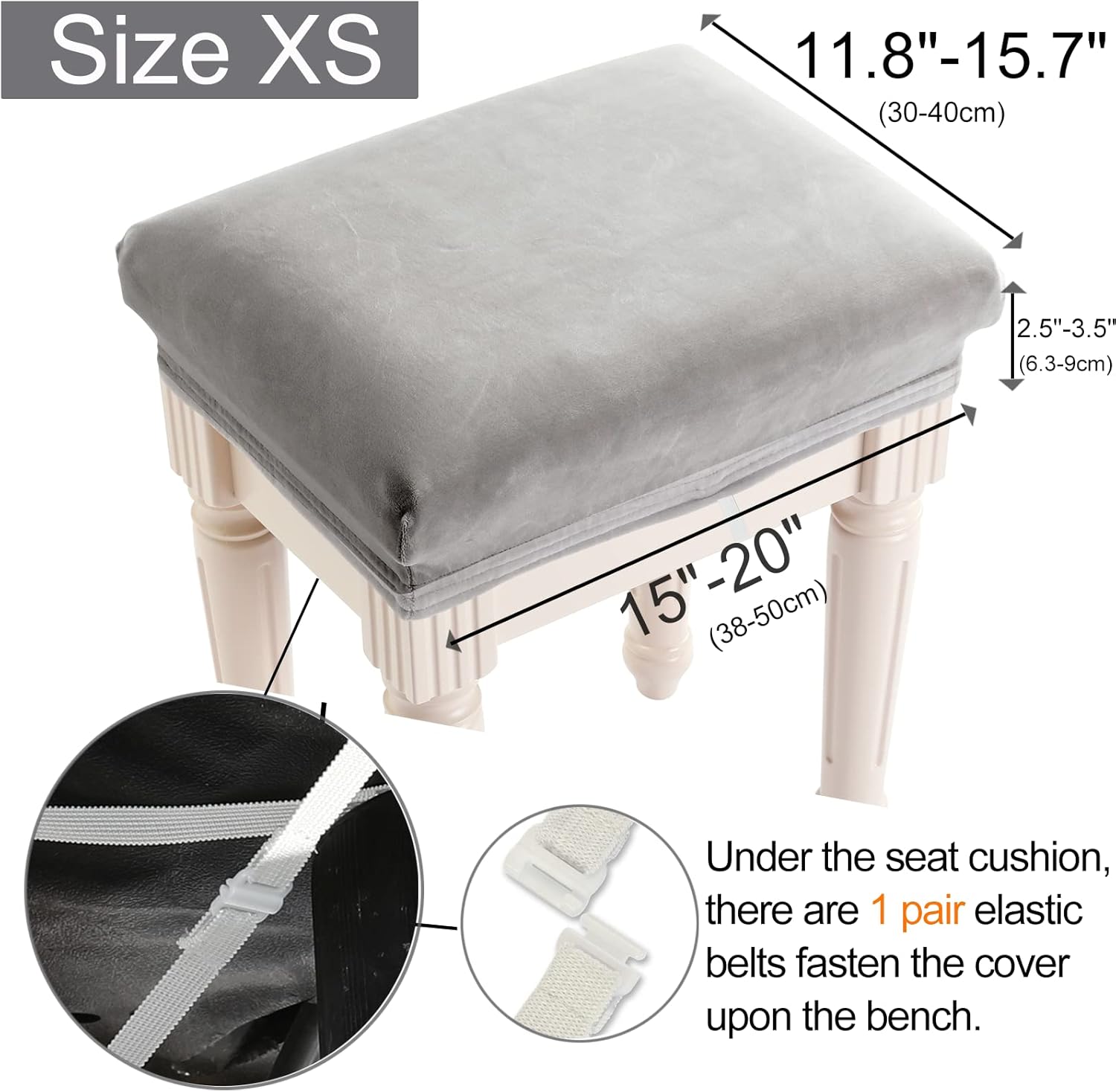 Funda de terciopelo suave para banco de tocador, (15 a 19.5 pulgadas) de largo x (11.8 a 15.7 pulgadas) de ancho, funda de taburete rectangular