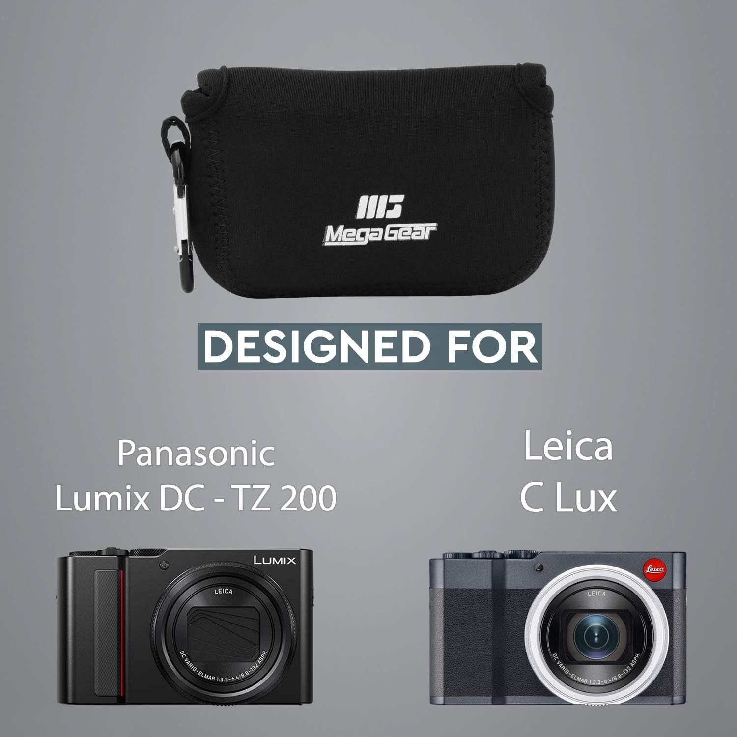 MegaGear Panasonic Lumix DC-ZS200, TZ200, Leica C-Lux – Funda de neopreno ultra ligera, con mosquetón, color negro