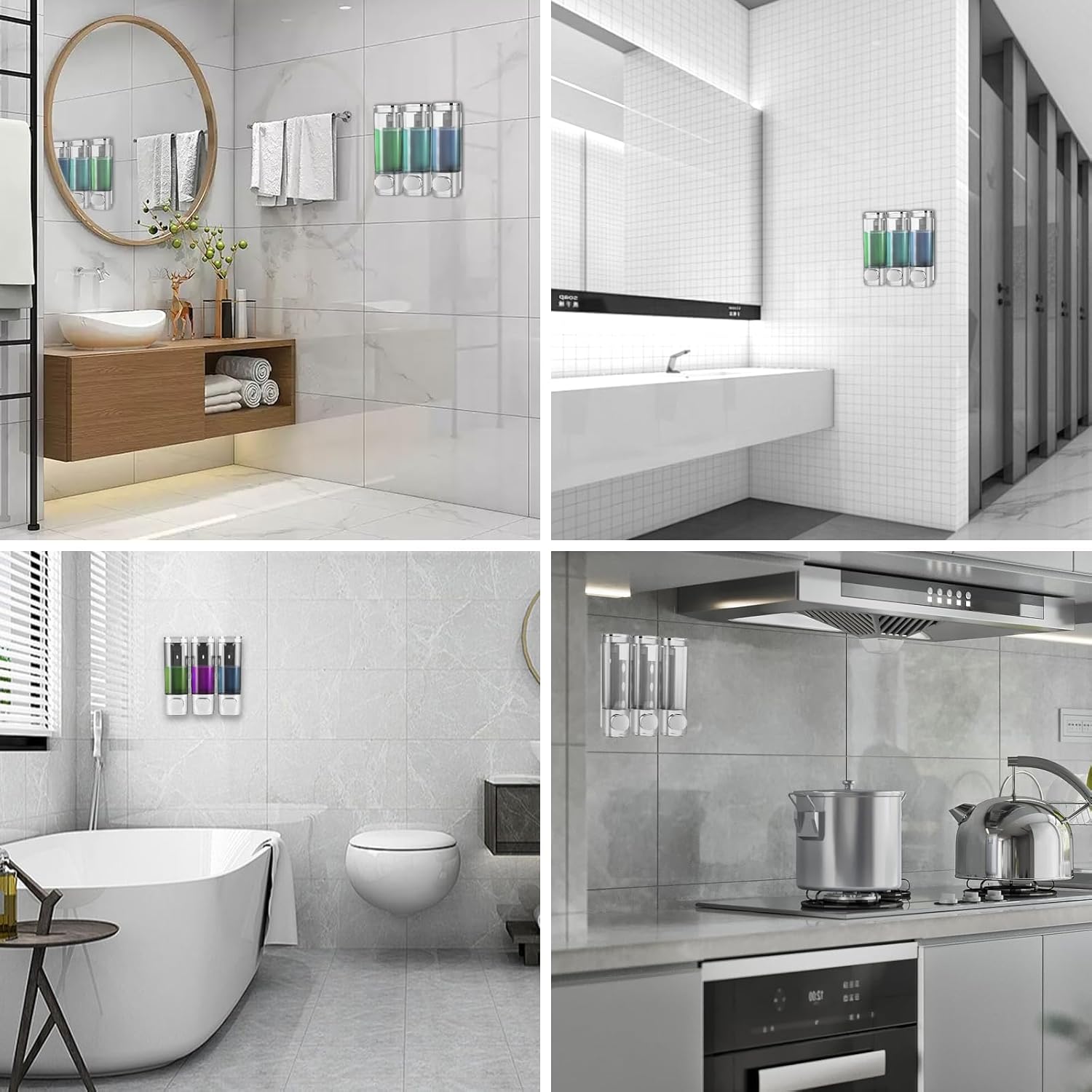 6pcs Shampoo and Conditioner Dispenser No Drill Shower soap Dispenser Wall Mounted 3 Chamber for Bathroom, Kitchen,Hotel Pumps are Easy to use No