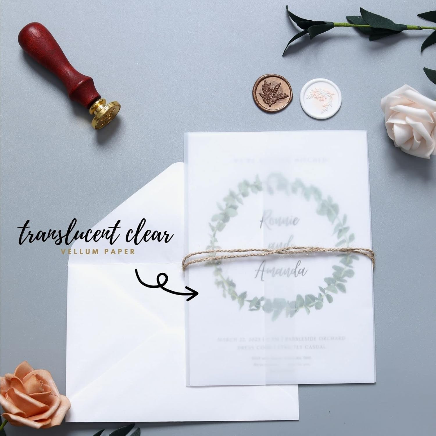 Paquete de 100 chaquetas de vellum preplegadas para invitaciones de 5 x 7 pulgadas, sobre de vellum para invitaciones de boda, sobres de papel