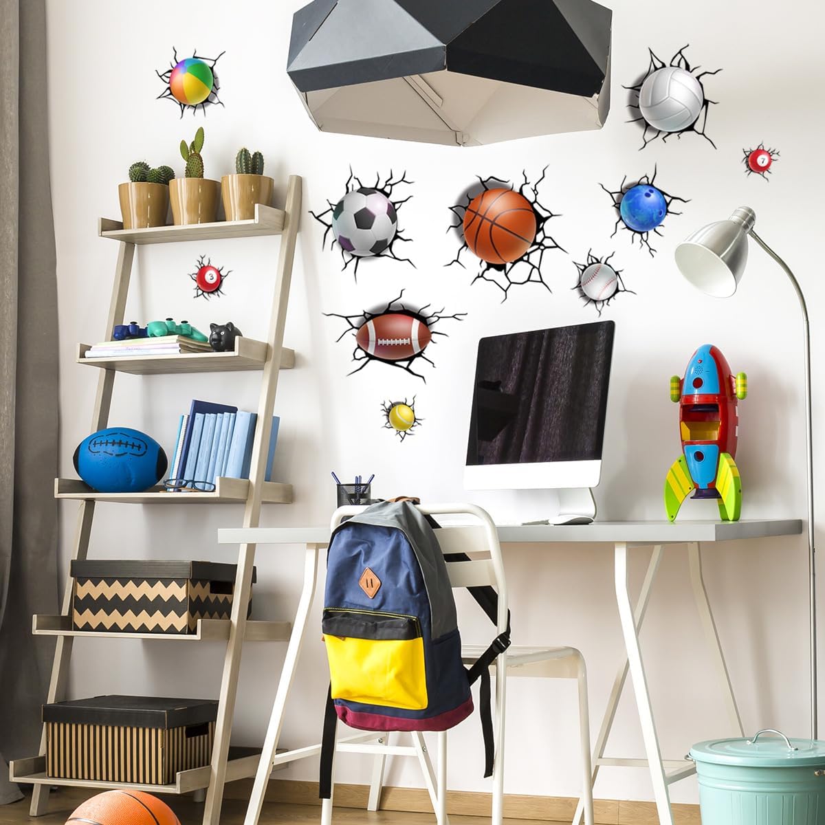 Pelotas deportivas 3D, calcomanías de pared para romper a través de la pared, calcomanías de pared extraíbles, despegar y pegar, baloncesto, rugby,