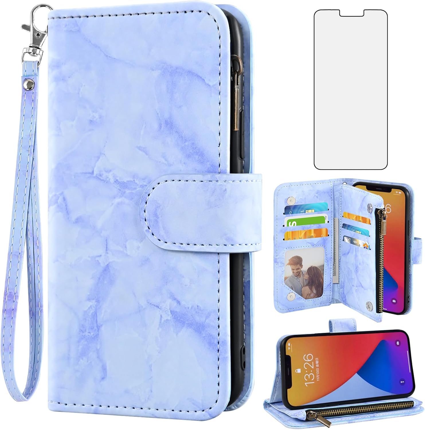 Asuwish Funda de teléfono para iPhone 12 Pro Max 6.7 Funda tipo cartera con protector de pantalla de vidrio templado y soporte para tarjetas de