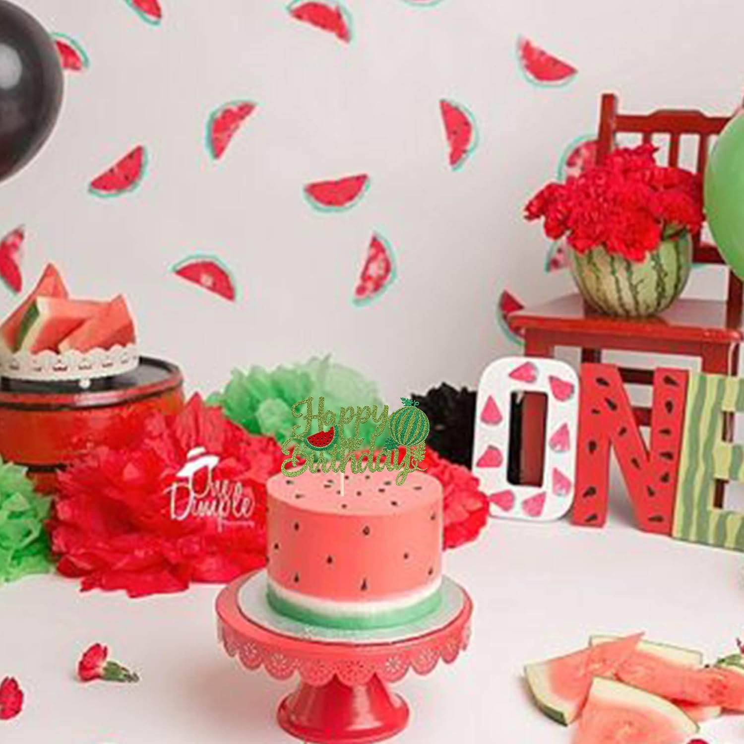 1 paquete de decoración de pastel de feliz cumpleaños con purpurina de sandía para cupcakes, baby shower, sandía, fruta, niños, fiesta de
