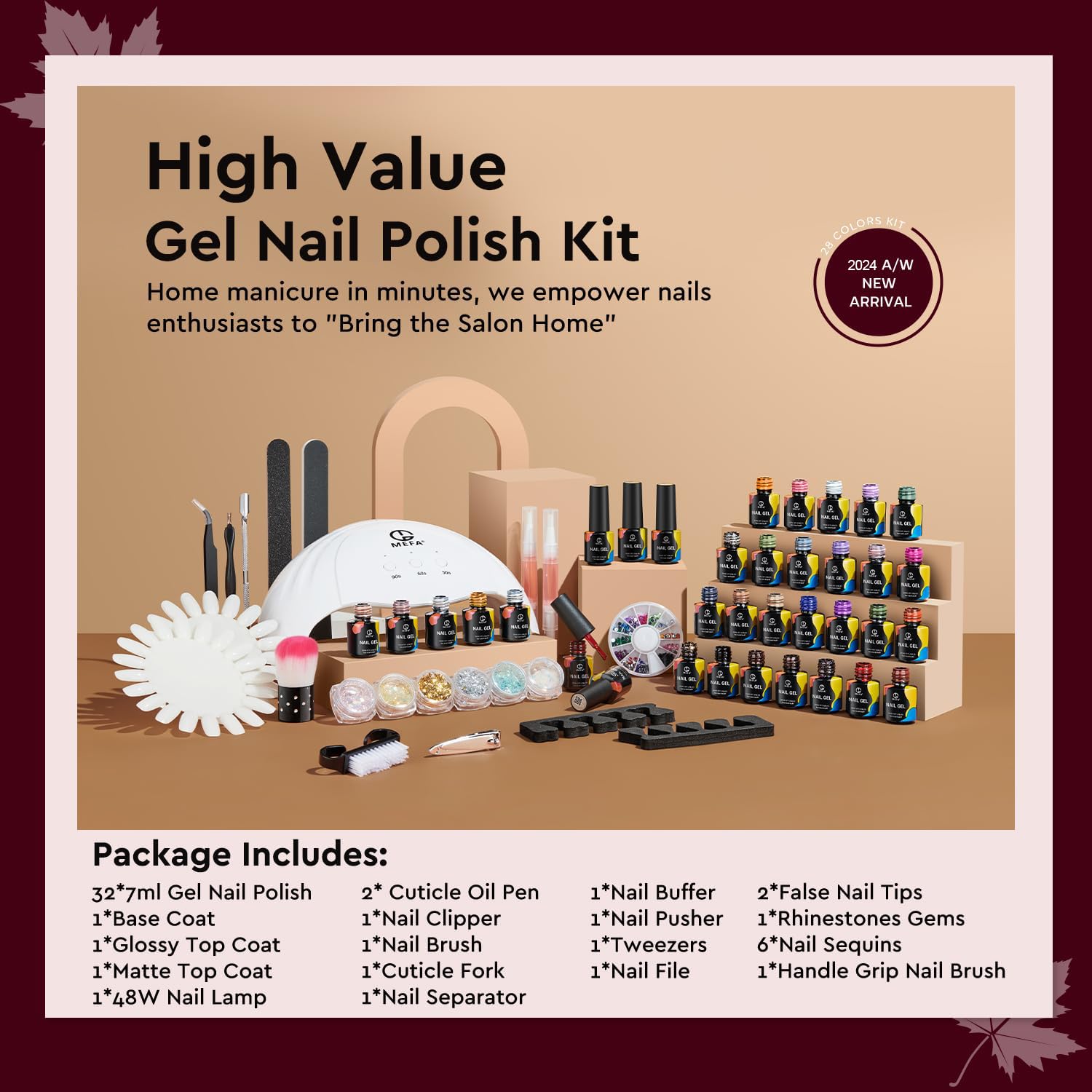 MEFA Kit de esmalte de uñas de gel de otoño con luz UV, 52 piezas, juego de esmaltes de uñas de gel de 28 colores con base y capa superior