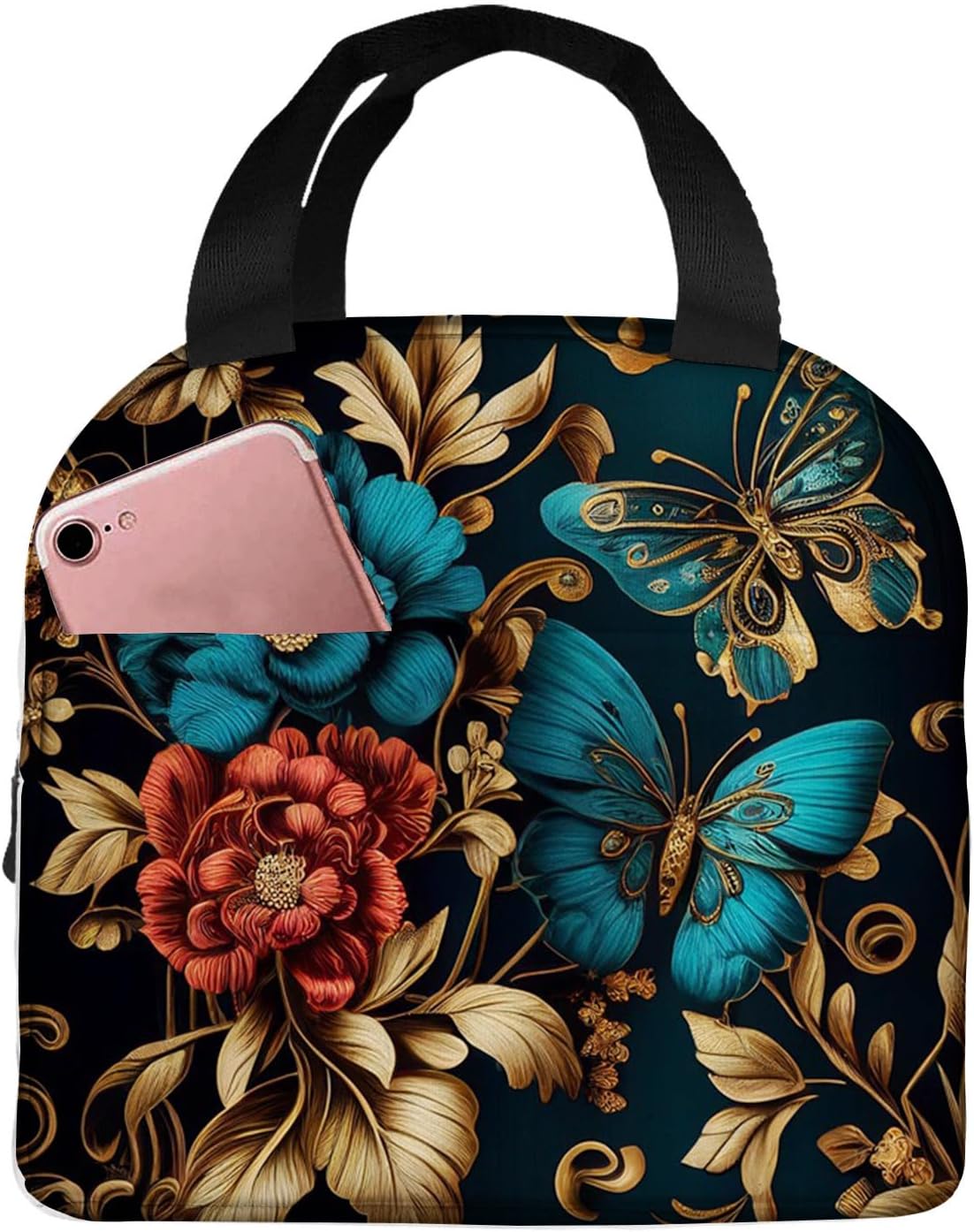 OOZ Lonchera térmica para mujeres y hombres, hermosas flores doradas y mariposas, reutilizable, a prueba de fugas, para el trabajo, oficina, picnic