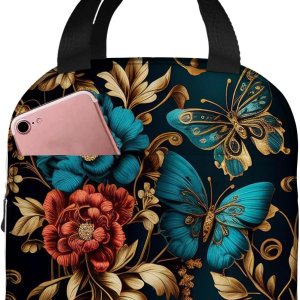 OOZ Lonchera térmica para mujeres y hombres, hermosas flores doradas y mariposas, reutilizable, a prueba de fugas, para el trabajo, oficina, picnic OOZ Lonchera térmica para mujeres y hombres, hermosas flores doradas y mariposas, reutilizable, a prueba de fugas, para el trabajo, oficina, picnic