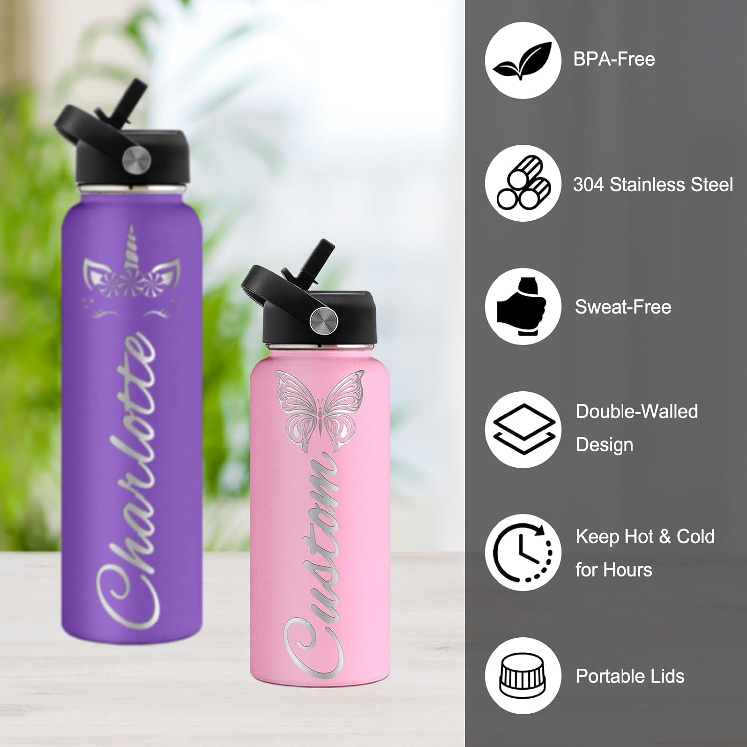 Yananka Botellas de agua personalizadas con tapa con pajilla, botella de agua personalizada aislada de acero inoxidable con nombre grabado, texto,
