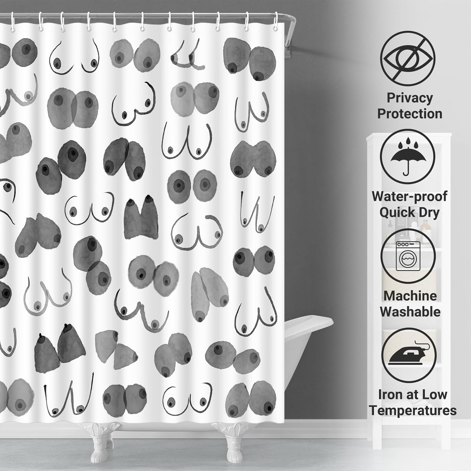 Juego de cortina de ducha con pechos negros y blancos, juego de cortina de ducha para mujer, divertida cortina de baño con 12 ganchos de 72 x 72