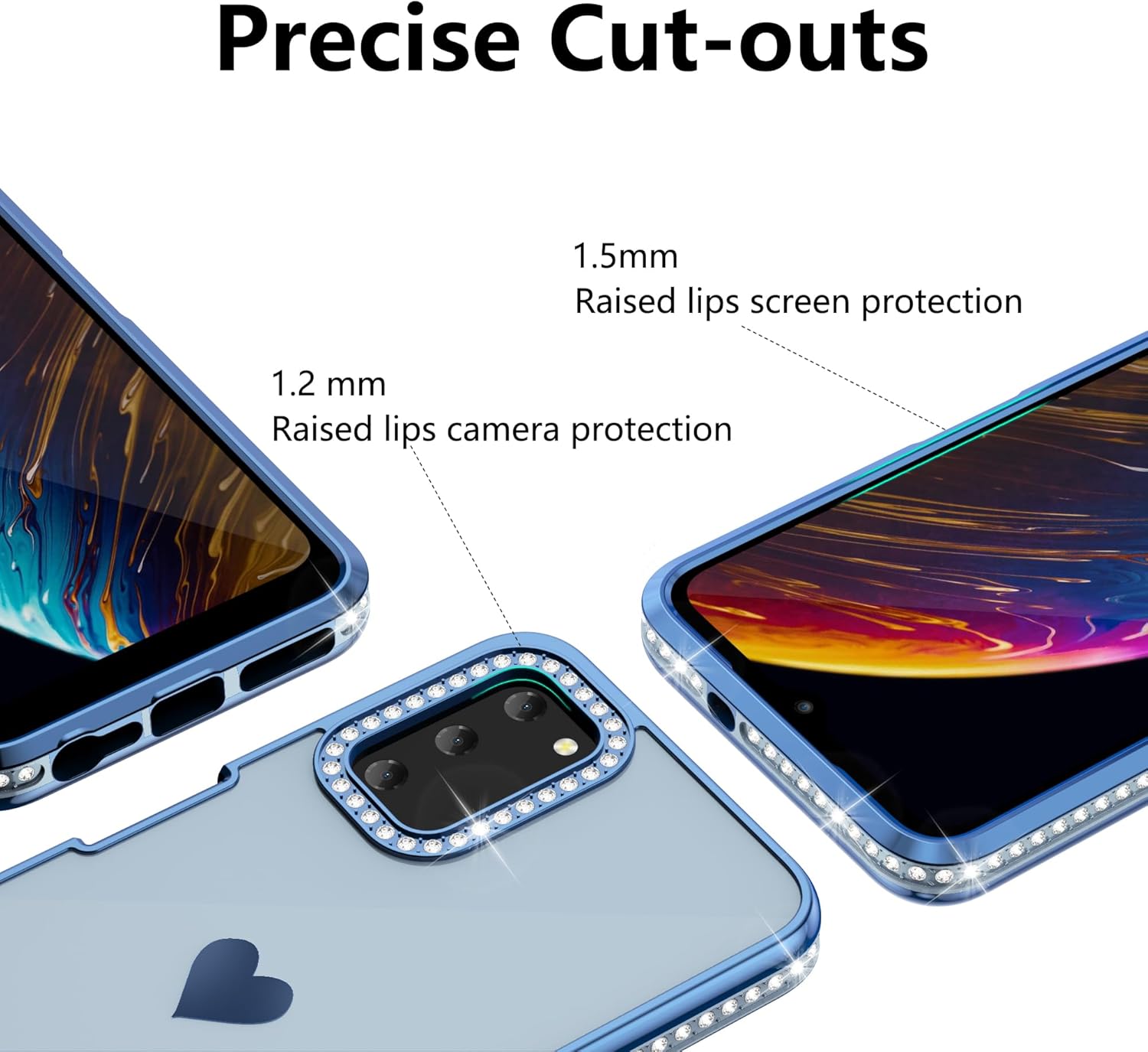 Funda compatible con Samsung Galaxy A03S con protector de pantalla, diseño de corazón de amor, diamantes de imitación brillantes para niñas y