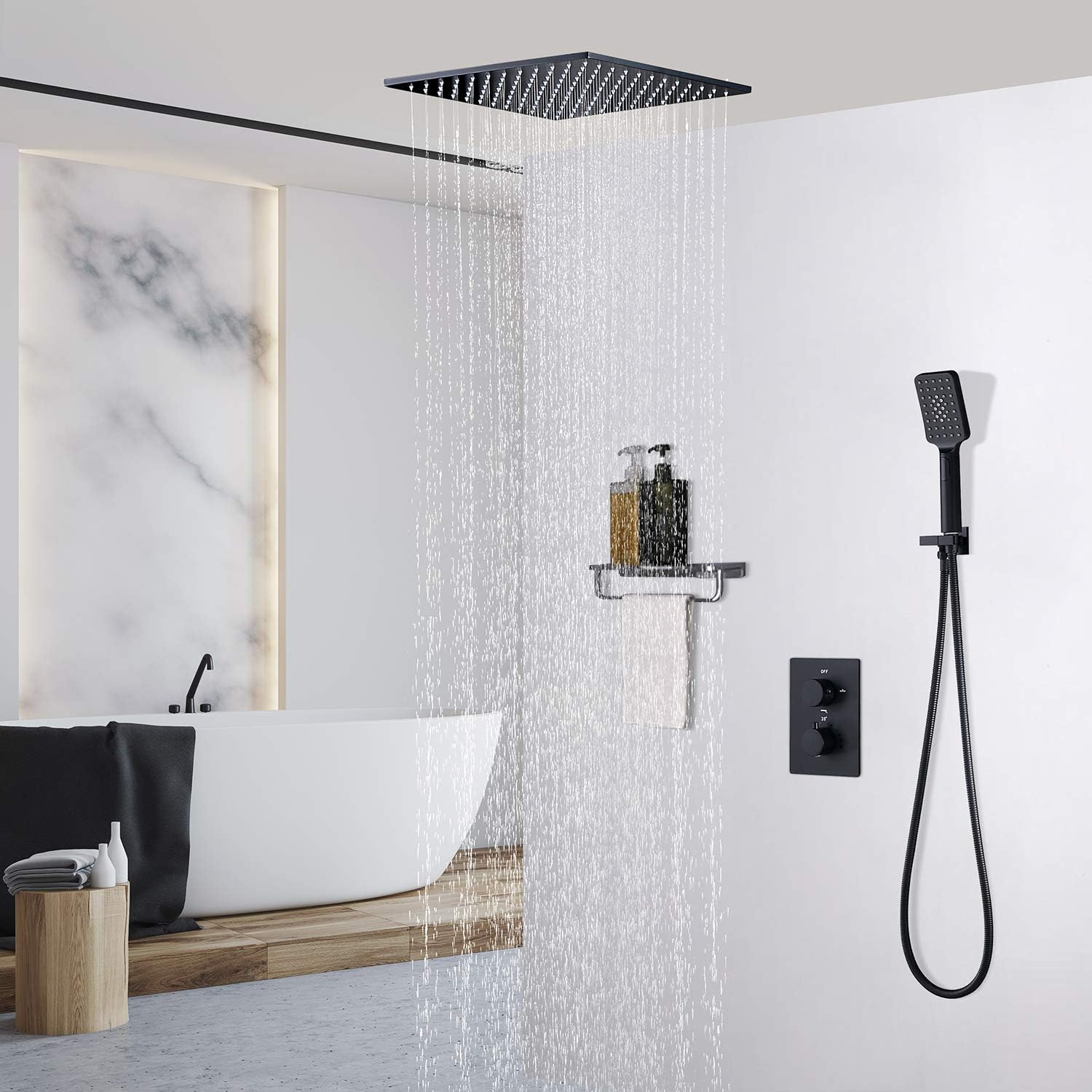 Grifo termostático de ducha con sistema de ducha de lluvia de montaje empotrado con ducha de mano, cabezal de ducha cuadrado de lluvia y rociador de