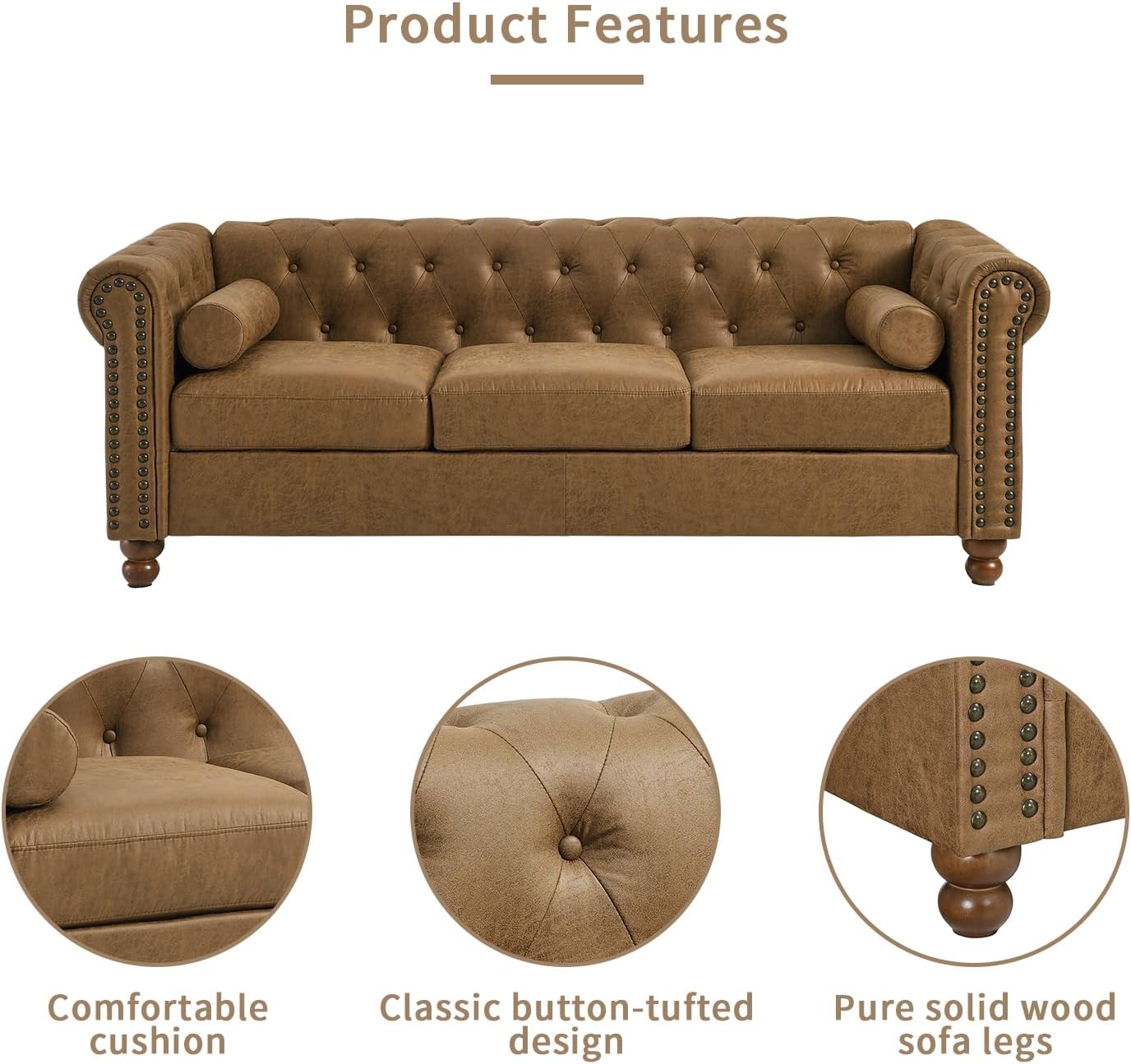 Chesterfield – Sofá clásico grande de tela moderna de 3 plazas con botones capitoné con brazos enrollados y cabeza de clavo para sala de estar,