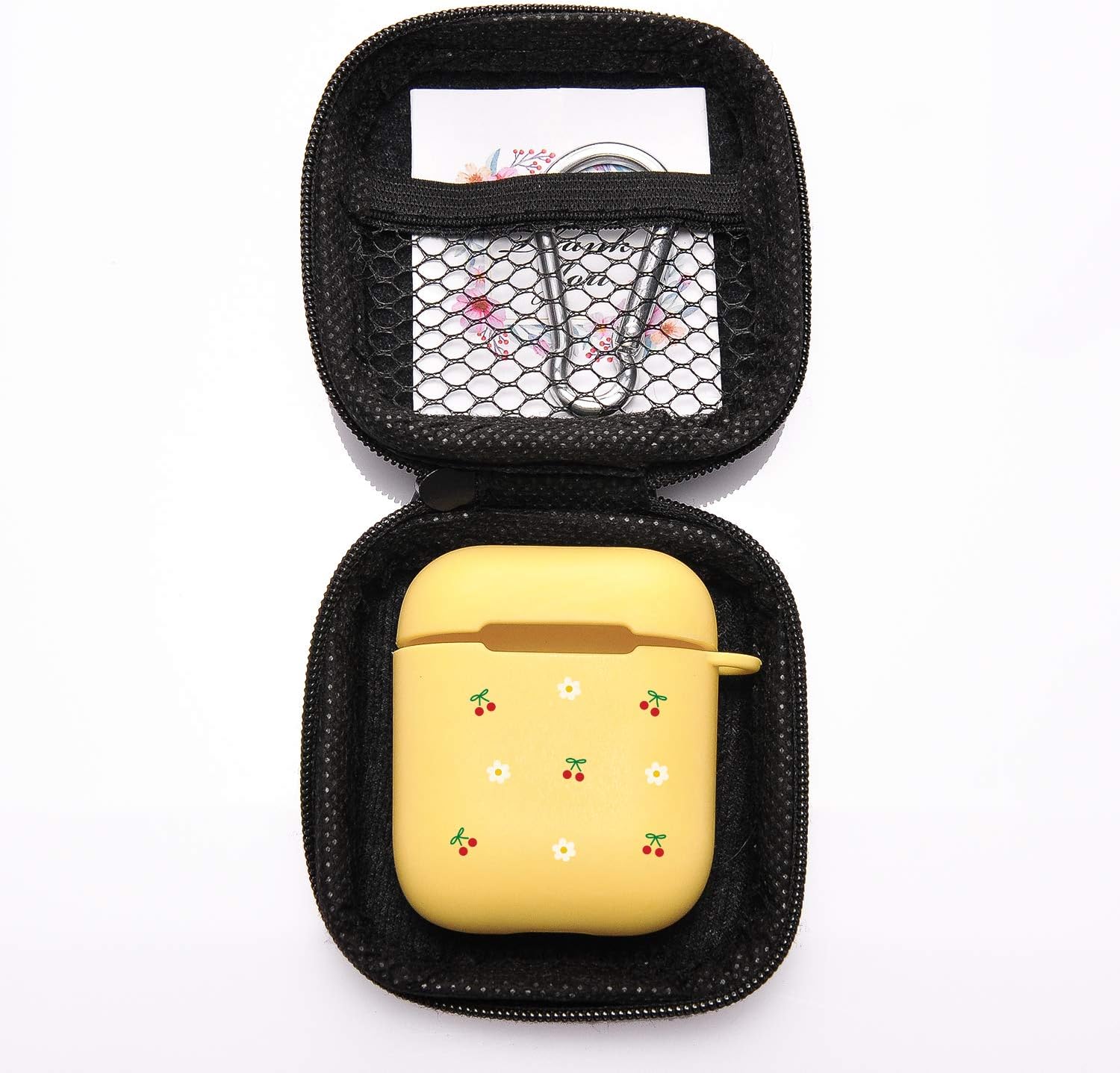 Funda amarilla para AirPod 1 y 2 con llavero de mosquetón de anillo, bonita funda de cereza inalámbrica para auriculares inalámbricos, funda