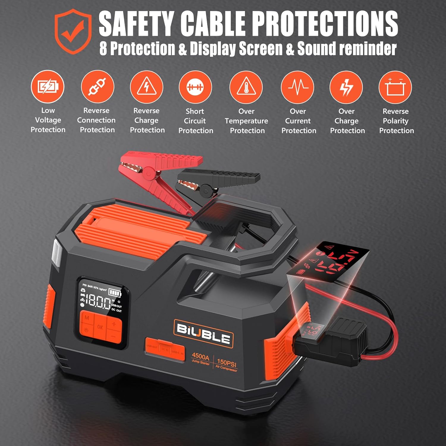 Arrancador de coche con compresor de aire, BIUBLE Jump Starter 4500A 150PSI Inflador para hasta todo el gasolina o motor diésel de 10.0L 12V batería