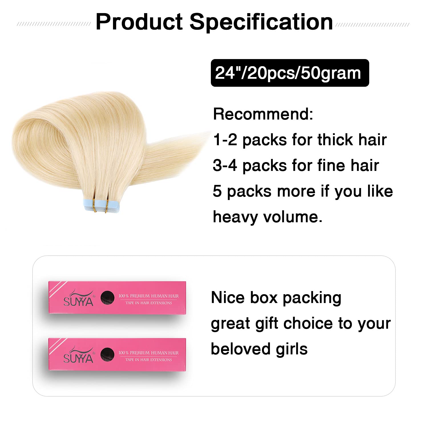 SUYYA Extensiones de cabello adhesivas de color rubio decolorado cabello humano 100 % real extensiones de cabello humano adhesivas, invisibles,