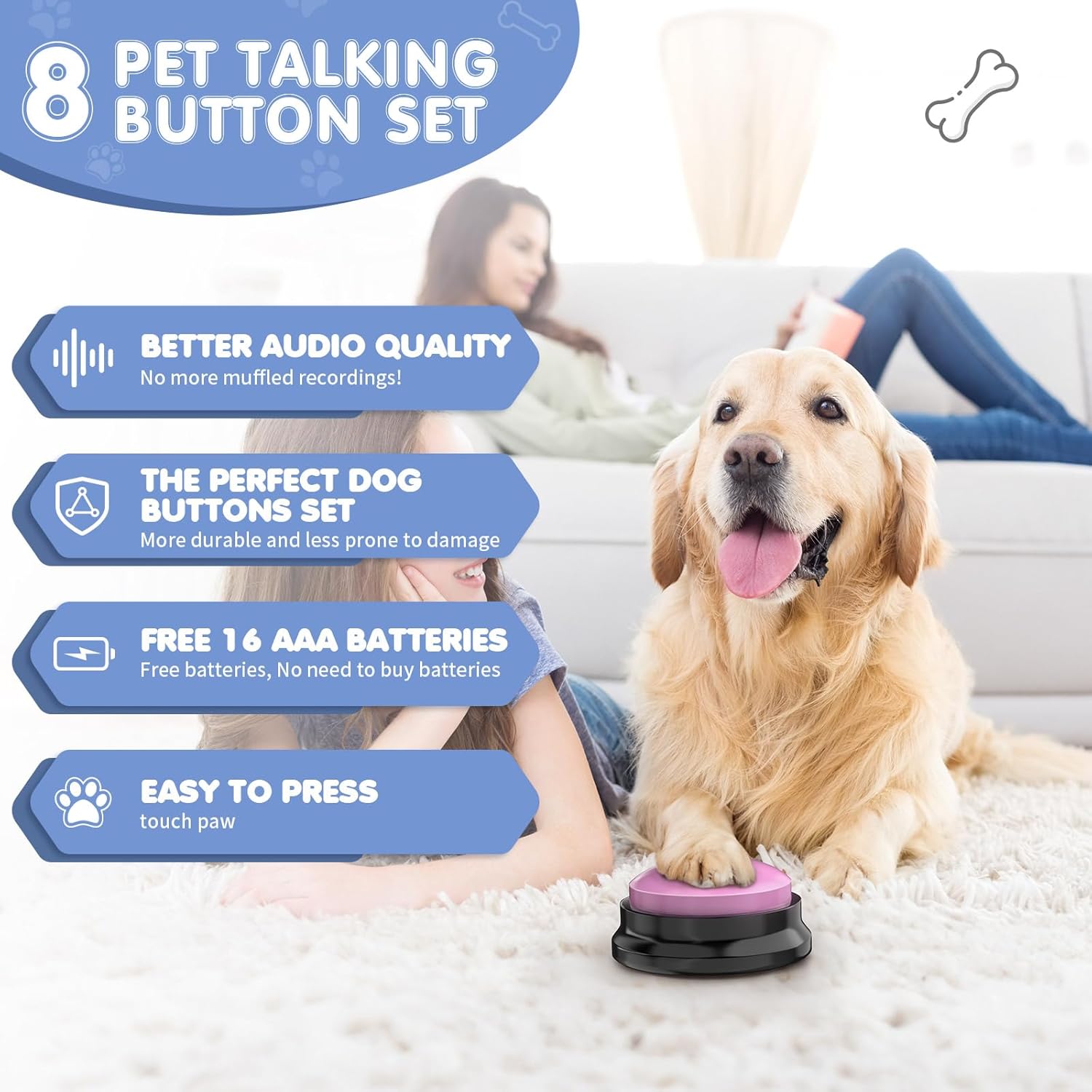 Botones para comunicación para perros, juego de 8 botones de conversación para perros, botones de entrenamiento de voz grabables de 30 segundos, con