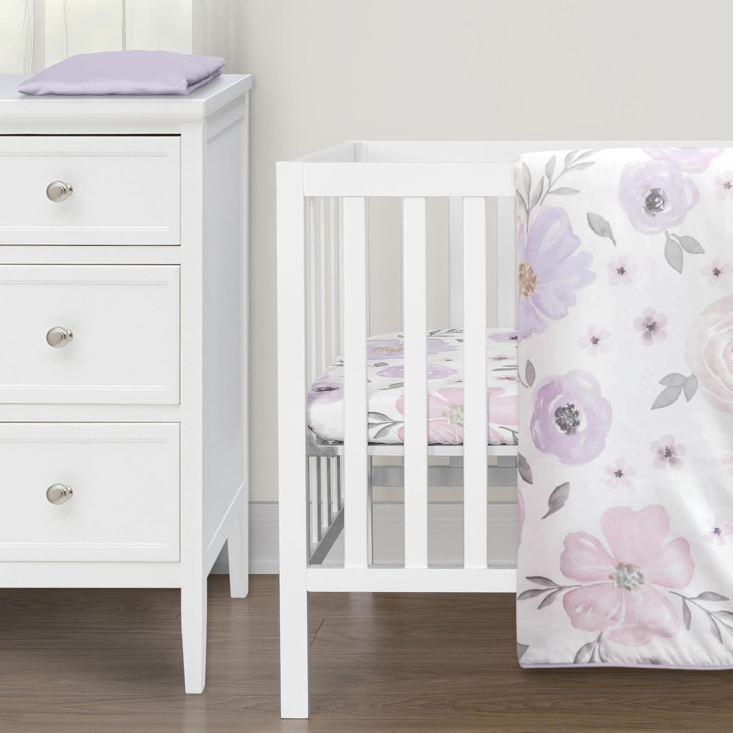 Sweet Jojo Designs Juego de ropa de cama de cuna de bebé de color morado lavanda bohemio floral para bebé, cuarto de bebé, manta para recién