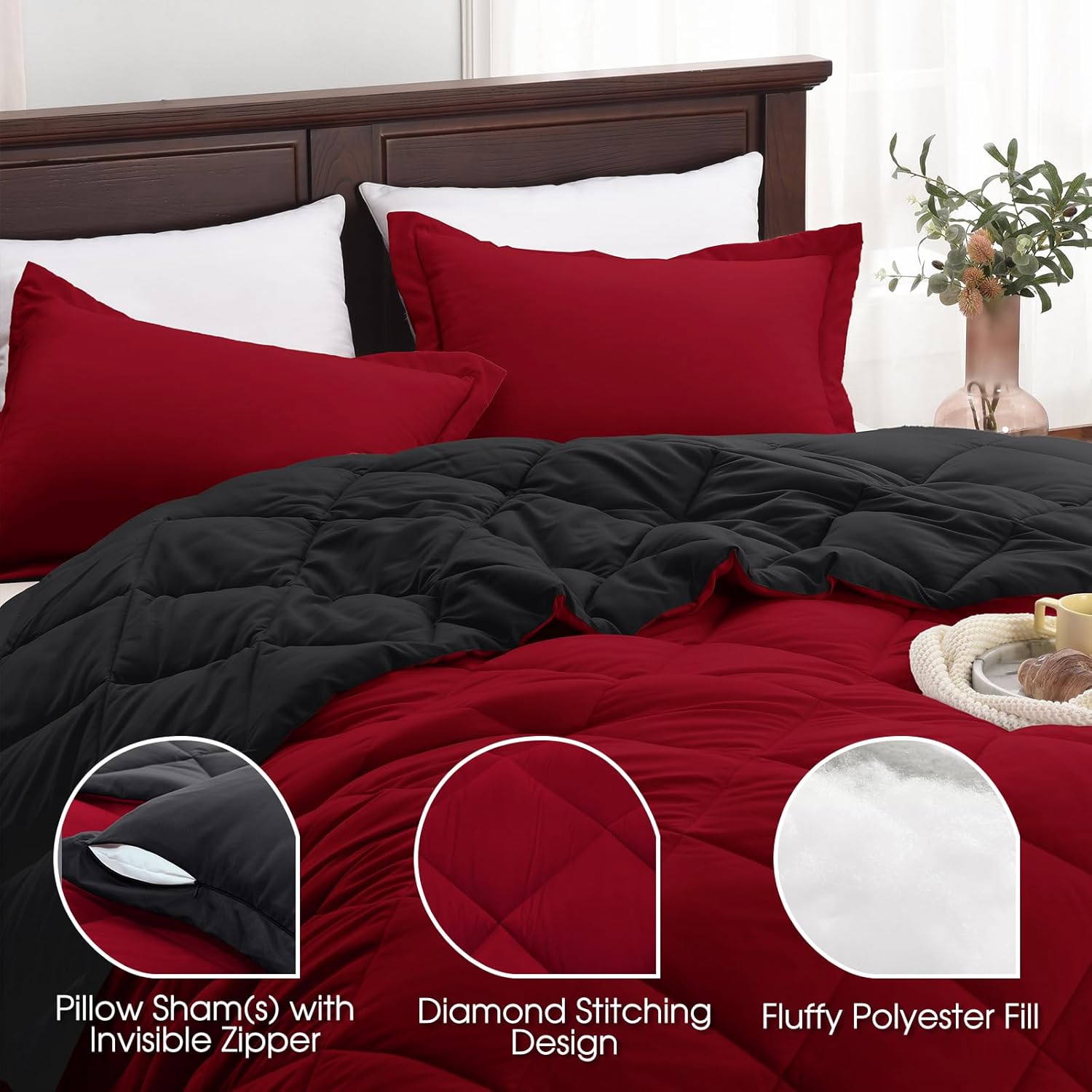 Basic Beyond Down juego de edredón alternativo  edredón de cama reversible para todas las estaciones, Alternativa con plumón, NegroRojo, gemelo