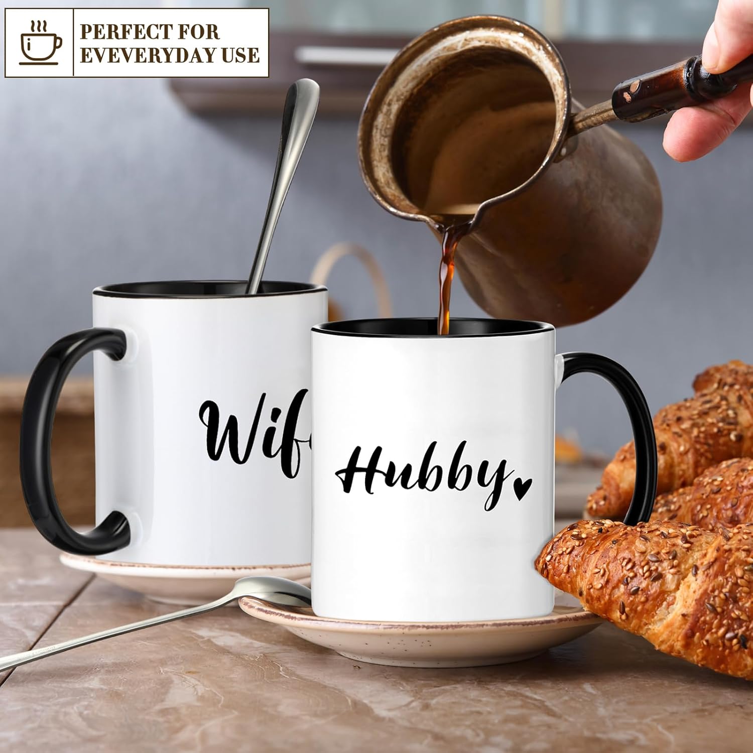 Hoolerry Juego de 2 tazas de café y cucharas para parejas, regalo de compromiso para parejas recién comprometidas, regalo de despedida de soltera,