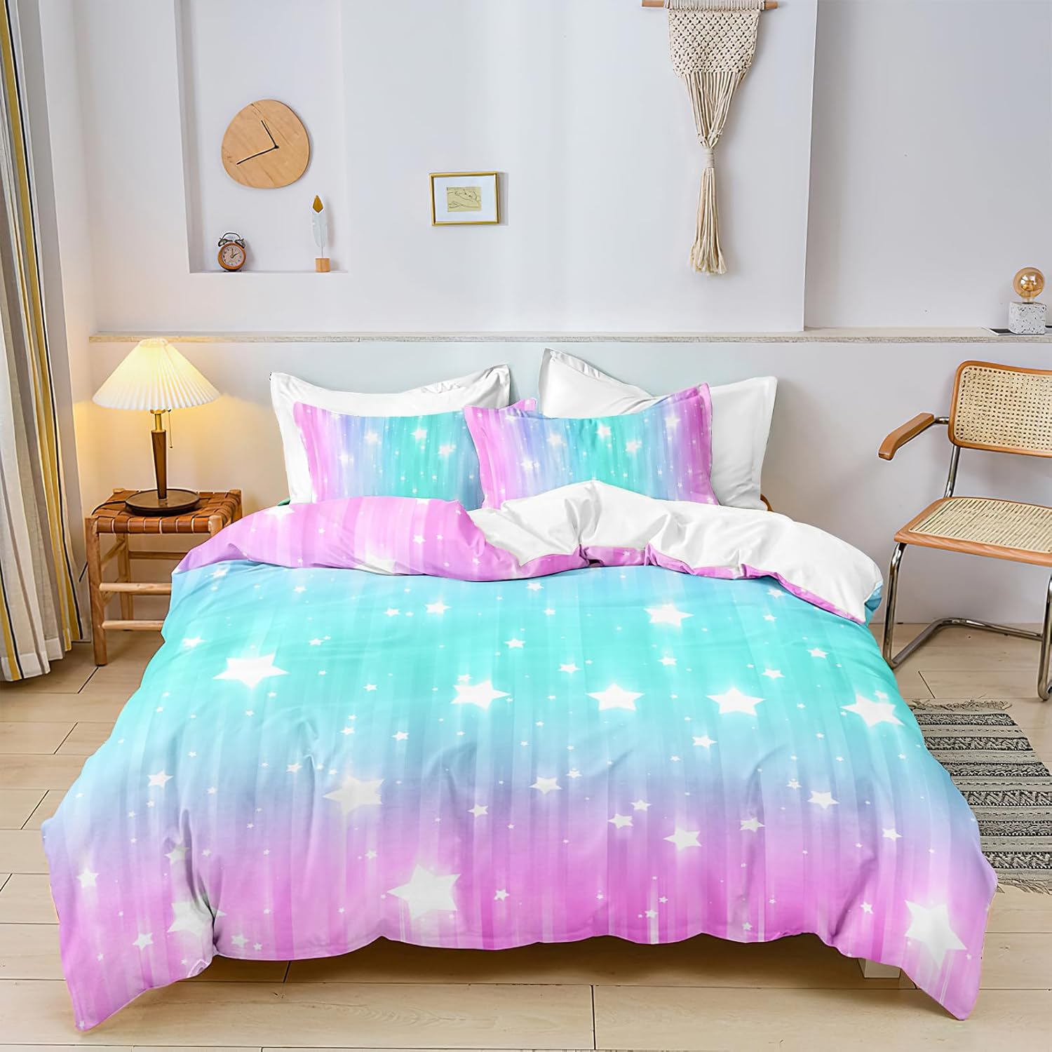SETWIER – Juego de funda de edredón de estrellas rosas y azules, tamaño King, diseño de cielo estrellado, funda de edredón con estampado de