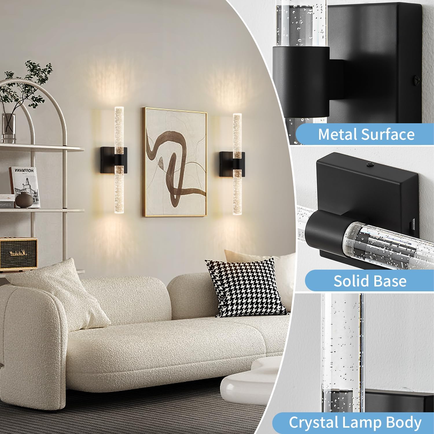Biewalk Juego de 2 apliques de pared, apliques de tocador de baño, 12 W, regulable, LED, cristal negro, moderno aplique de pared para dormitorio,