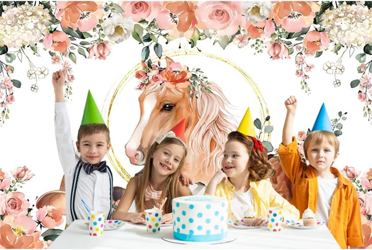 Fondo de cumpleaños para fiesta de caballo de vaquera de 7 x 5 pies, suministros de decoración de fiesta de baby shower, anillo dorado, hoja de