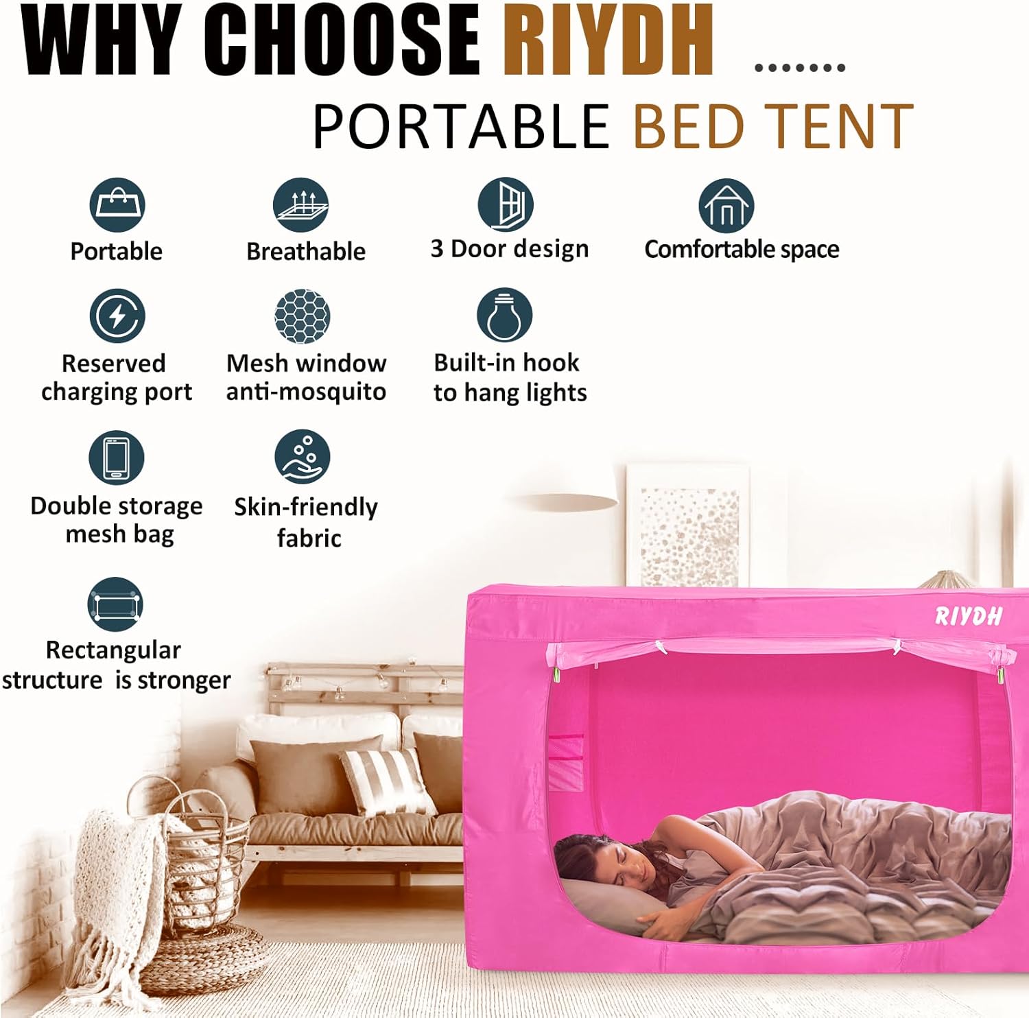Tienda de campaña para cama Queen – Tienda de campaña portátil de ensueño para niños y adultos, tiendas de campaña para dormir interiores 70% opacas