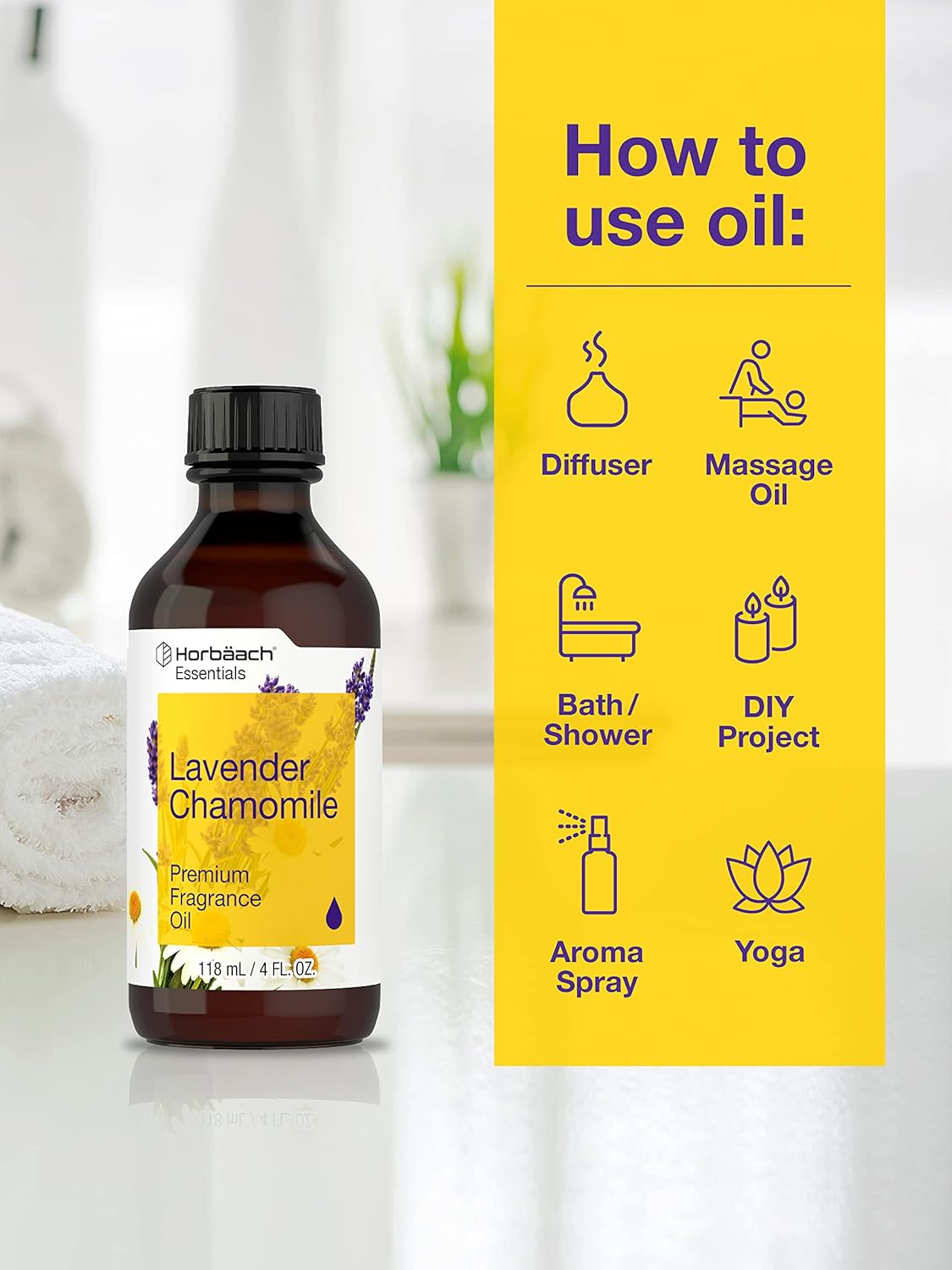 Horbäach Aceite aromático de manzanilla de lavanda  4 onzas líquidas (4.0 fl oz)  Grado premium  para difusores, fabricación de velas y jabón,