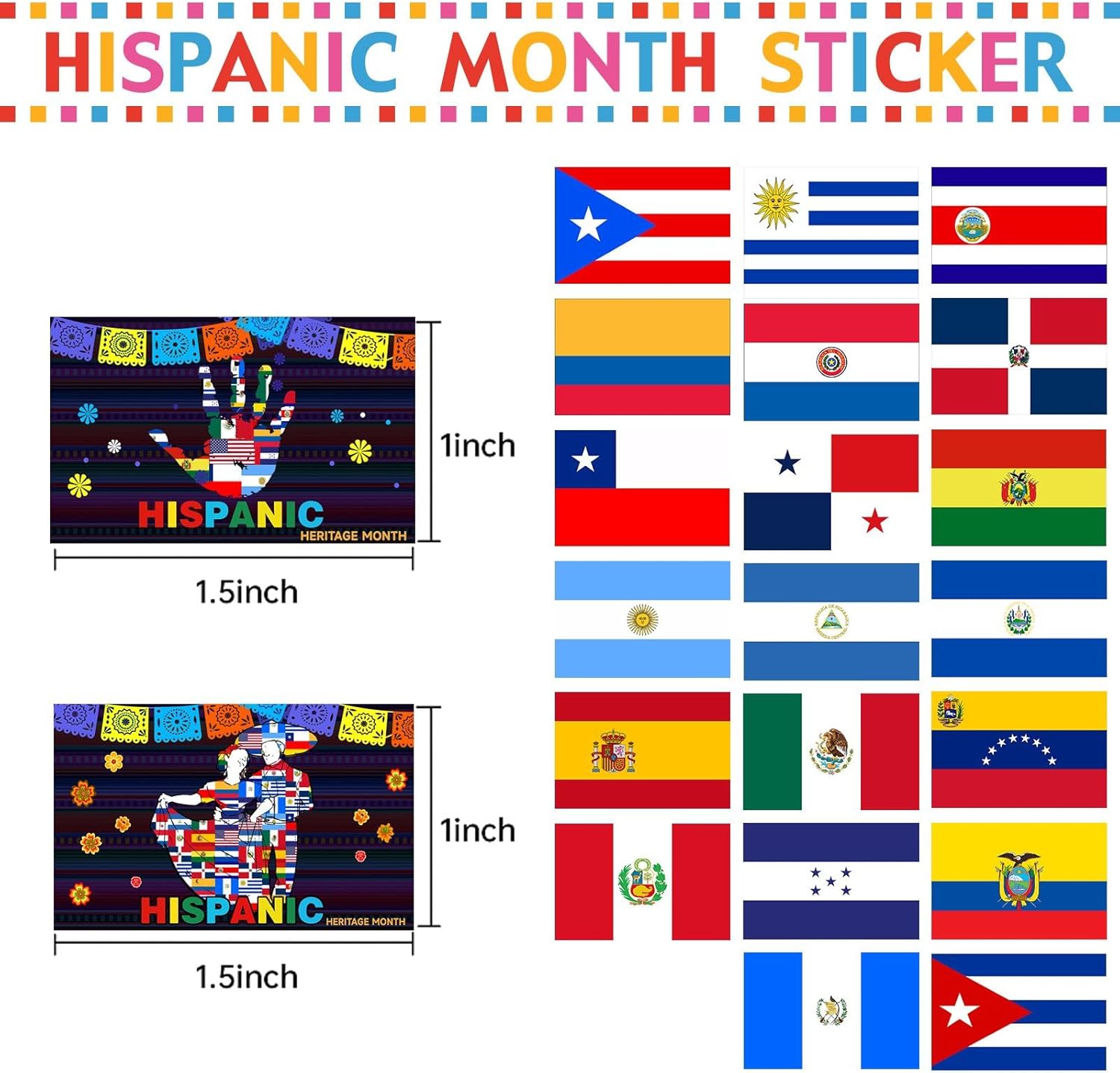 1000 calcomanías de personajes de cultura de países hispanos y patrones de bandera de mano, banderas de habla hispana clásica combinada para