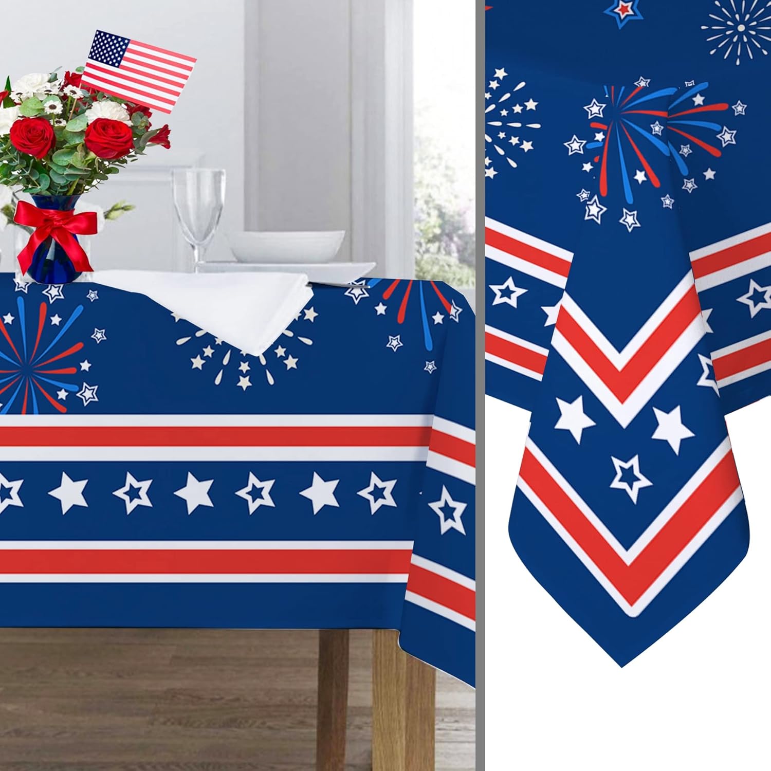Hexagram Mantel del 4 de julio, mantel rectangular de bandera estadounidense de 52 x 70 pulgadas, estrellas rojas y azules para interiores o