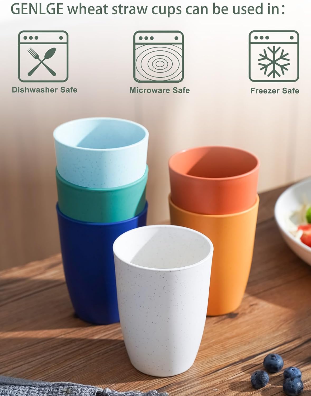 GENLGE Vasos de plástico reutilizables con pajita de trigo de 12 onzas, juego de vasos irrompibles para cocina, sin BPA y aptos para lavavajillas