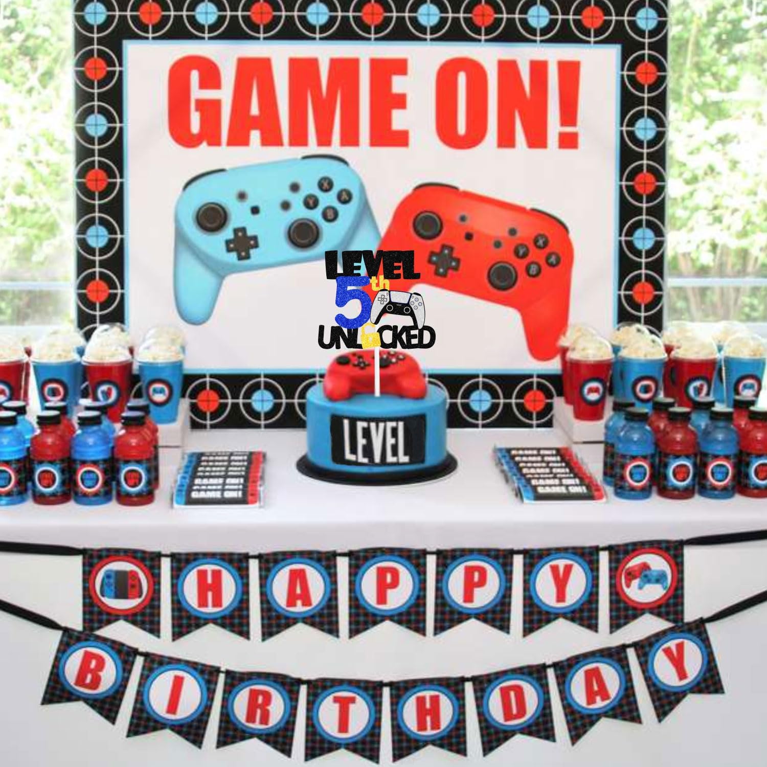 Decoración para pastel de cumpleaños número 5 para adolescentes, fiesta de cumpleaños nocturna de videojuegos para niños o niñas, fiesta de