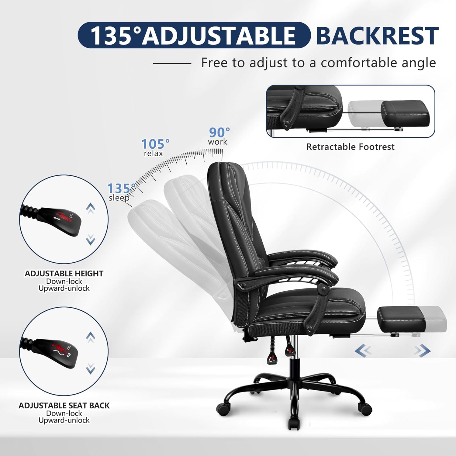 Silla de oficina ejecutiva, silla de oficina reclinable de cuero grande y alta con reposapiés, respaldo alto, silla de escritorio de oficina en