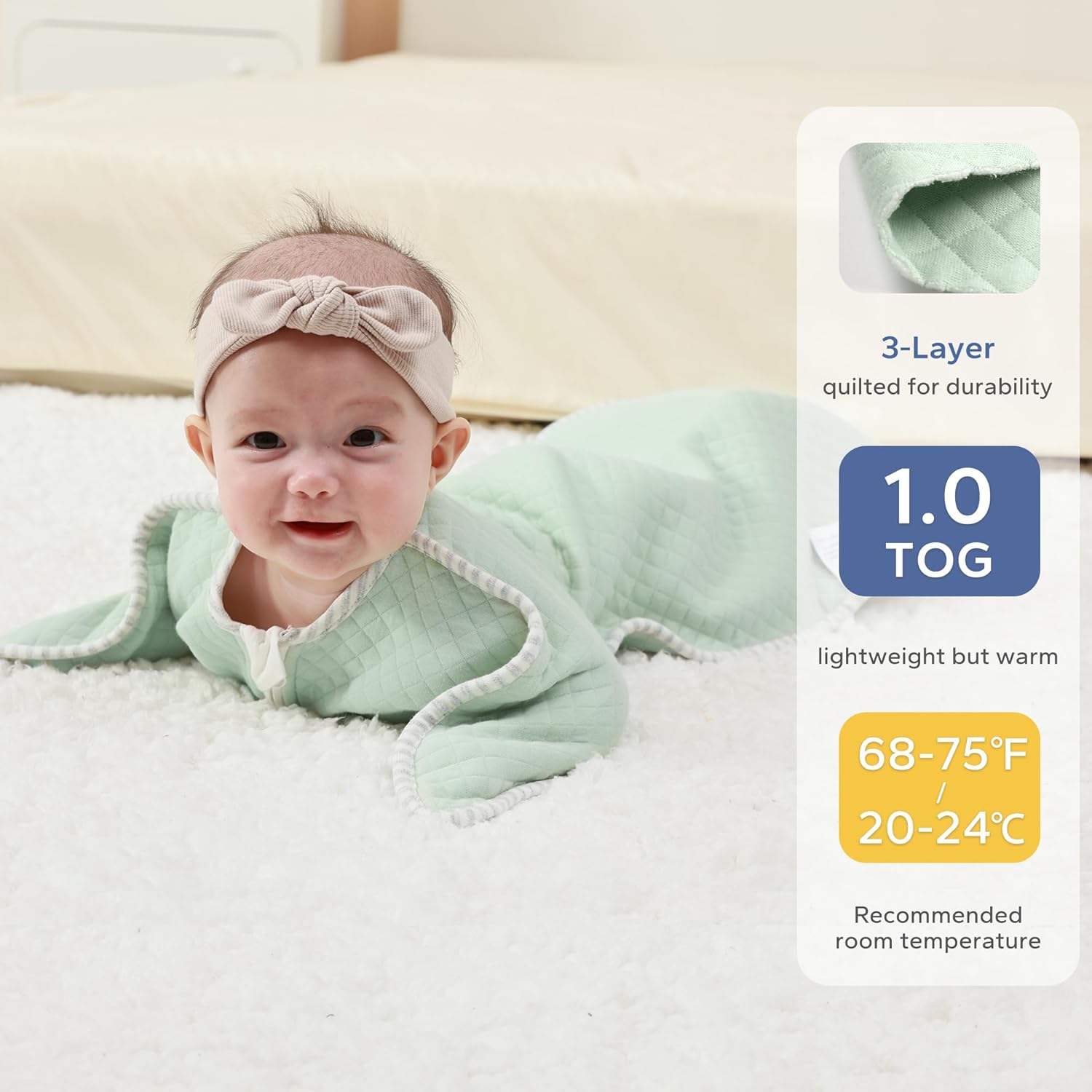 ZIGJOY Shark-Fin – Manta de transición  Saco de dormir acolchado de 1.0 tog para bebé, acogedor saco de transición con mangas para dormir mejor,