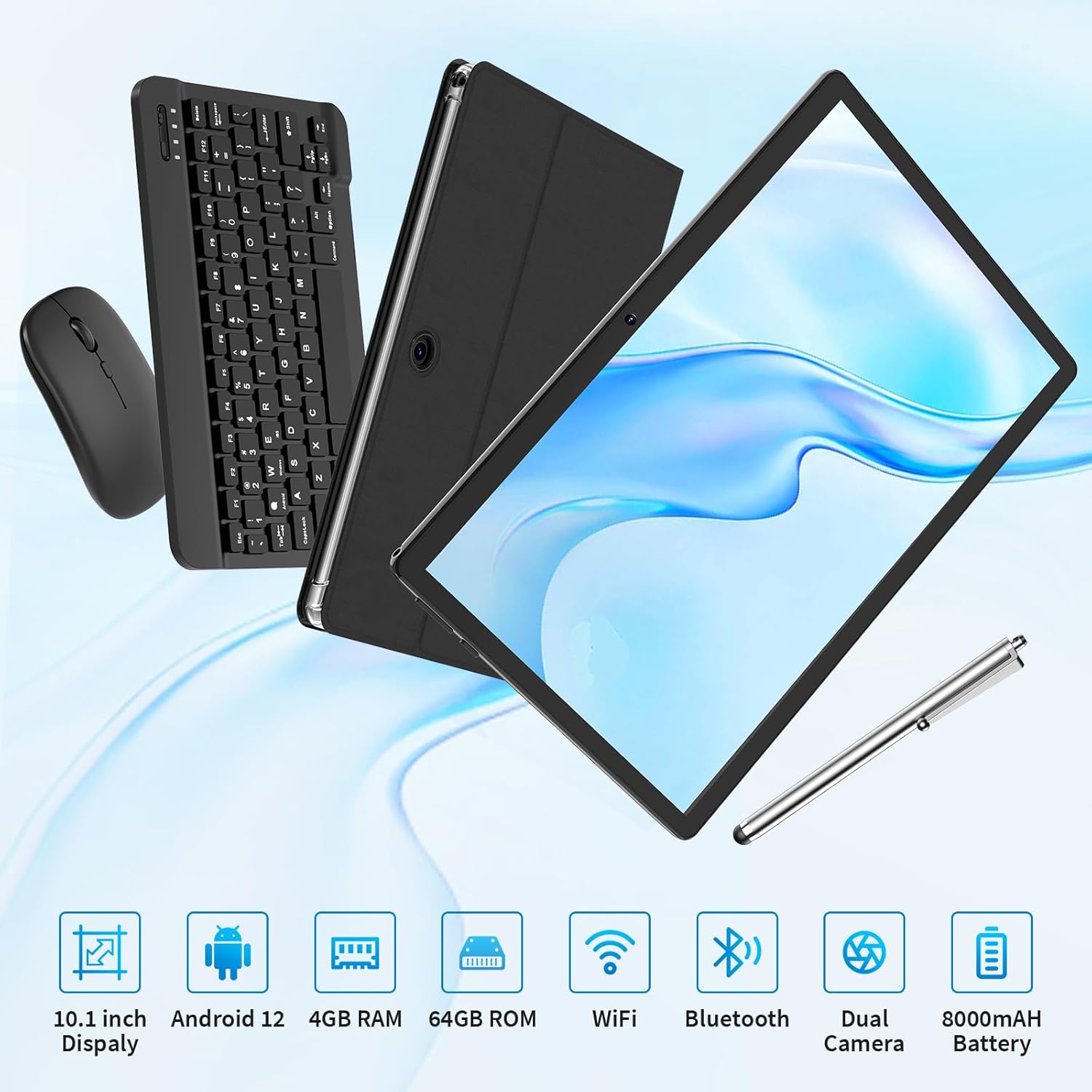 Tablet Android, tableta Android 12 de 10 pulgadas, tableta 2 en 1 con teclado, mouse, funda, lápiz capacitivo, 4 GB de RAM 64 GB ROM 1 TB expandir,