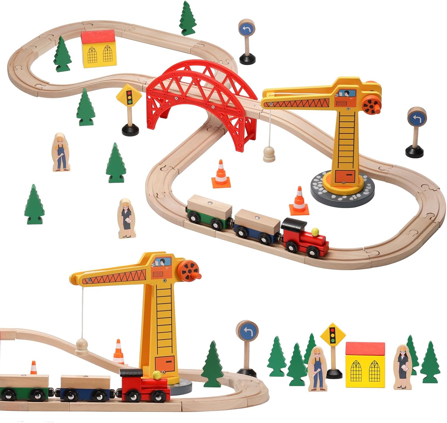 SainSmart Jr. Juego de tren de madera para niños pequeños, 41 piezas de pista de tren de madera con grúa para Brio, Thomas, Melissa y Doug, tren de