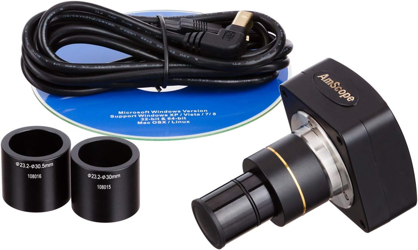 AmScope Cámara de microscopio USB 2.0 de 1.3 MP con lente de reducción + software + 2 adaptadores de montaje (Windows XPVista7810Mac OS XLinux)
