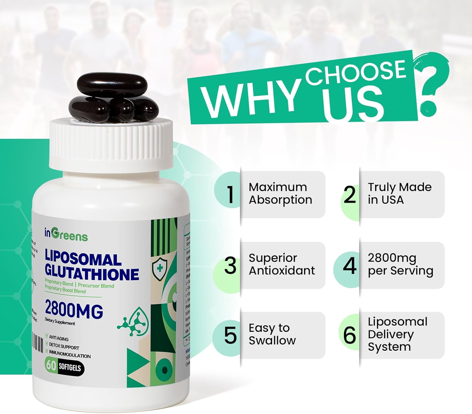 Suplemento de glutatión liposomal de 2800 MG, desintoxicante e inmune, defensa del envejecimiento, energía, glutatión Formulación única reducida