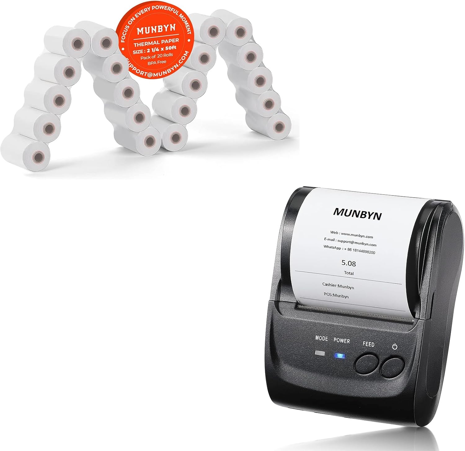 MUNBYN Mini impresora de recibos Bluetooth POS de 2.283 in, impresora térmica portátil inalámbrica de 2.28 pulgadas y papel térmico de 2 14 x 50