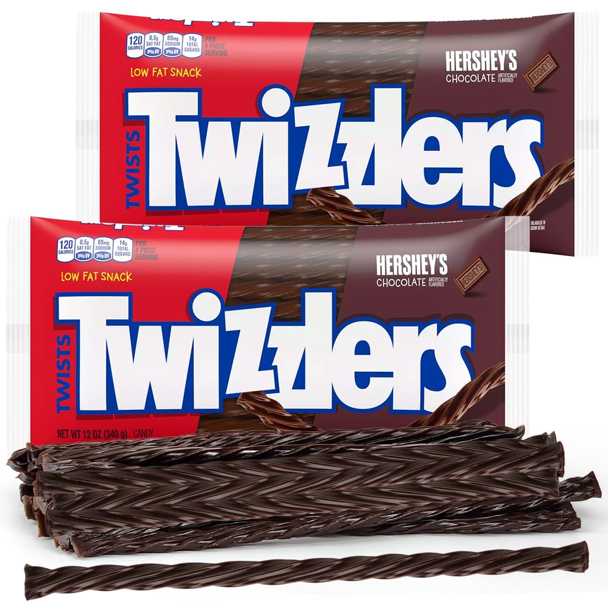 Twizzlers Twists – Caramelo masticable con sabor a chocolate, bolsas de 12 onzas, paquete de 2, aperitivos bajos en grasa, deliciosos para cualquier