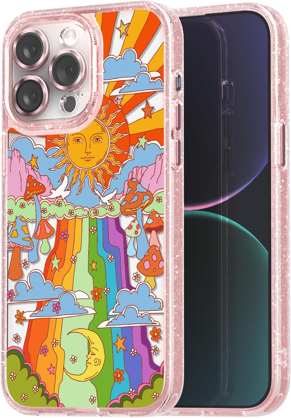 Funda compatible con iPhone 15 Pro Max, bonita estética, funda de teléfono rosa con purpurina y protector de cámara, funda estampada con patrón de