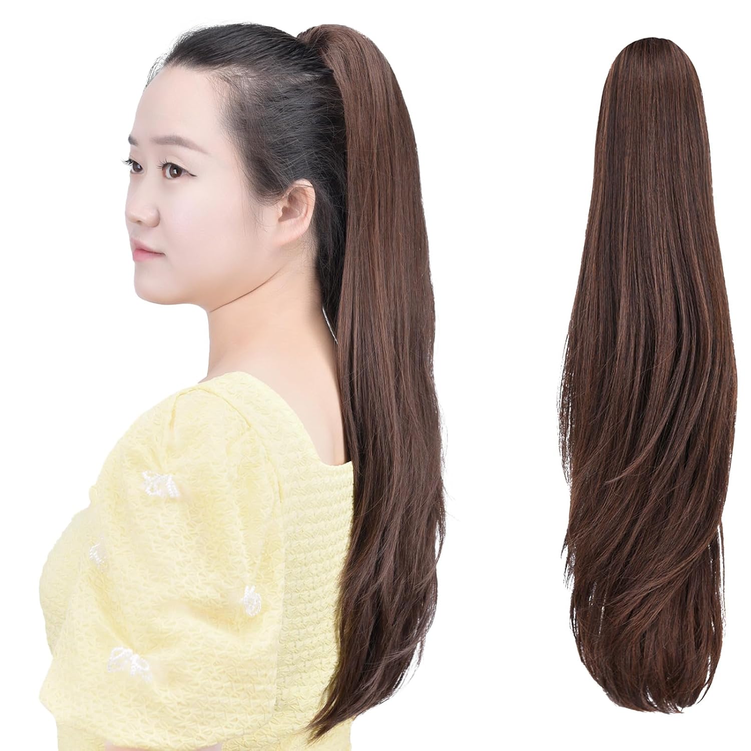 Extensión de cola de caballo marrón sintético clip garra cola de caballo 22 pulgadas recta 5.5 oz falsos postizos mujeres Yaki Fluffy enredado