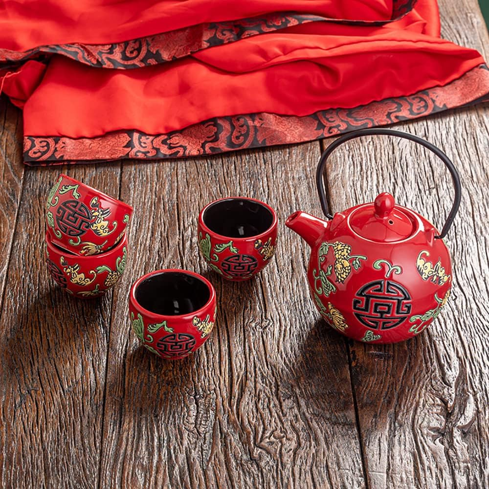 TANFEI Juego de té tradicional de cerámica china, juego de té para fiesta de ceremonia de boda, tetera de porcelana roja china con tazas de té y