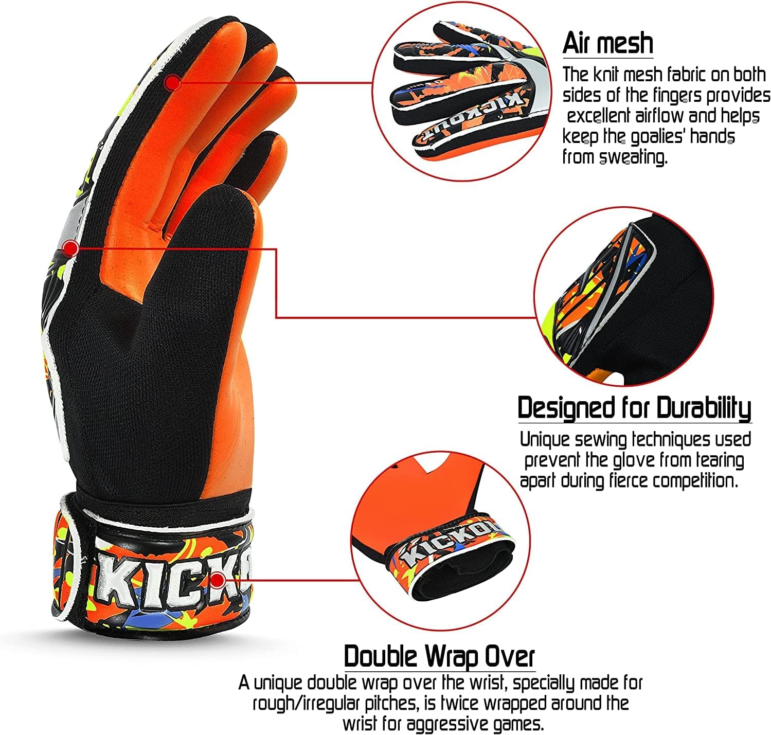 Kickout Guantes de portero de fútbol prémium  Guantes de portero Funky con látex de 0.118 pulgadas para un gran agarre y protección