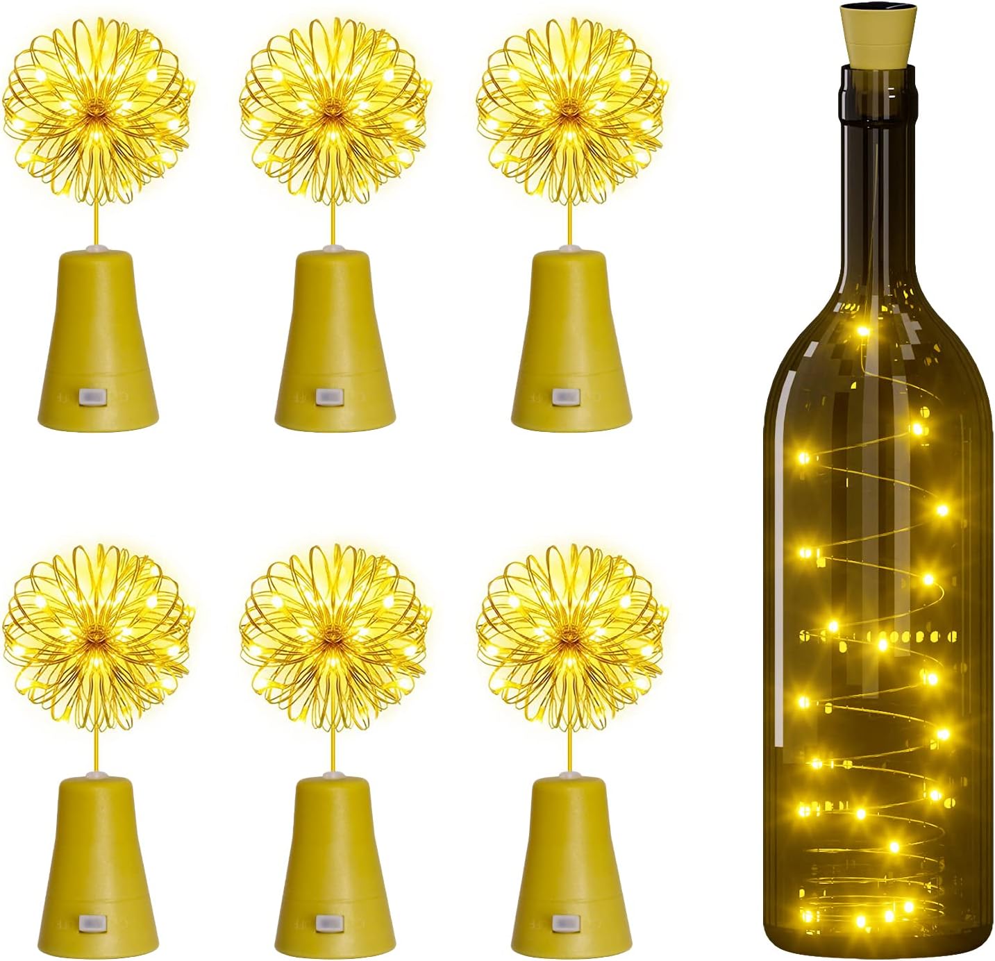 PChero Luces solares para botellas de vino, paquete de 6 unidades, 20 luces LED impermeables, mini alambre de cobre, luces de corcho para botellas