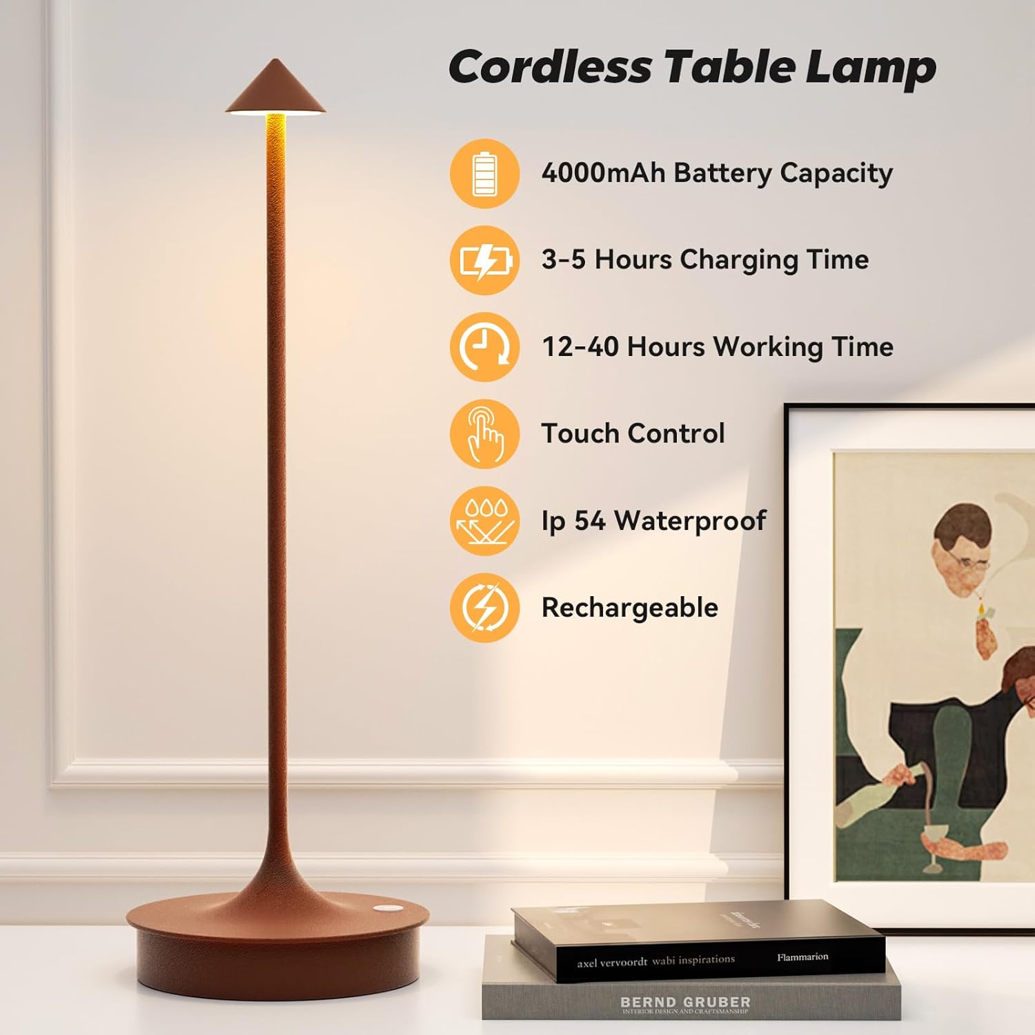 Lámpara de mesa inalámbrica recargable, lámpara de mesa LED táctil de 4000 mAh, lámpara de escritorio a pilas, luz de mesa portátil regulable al
