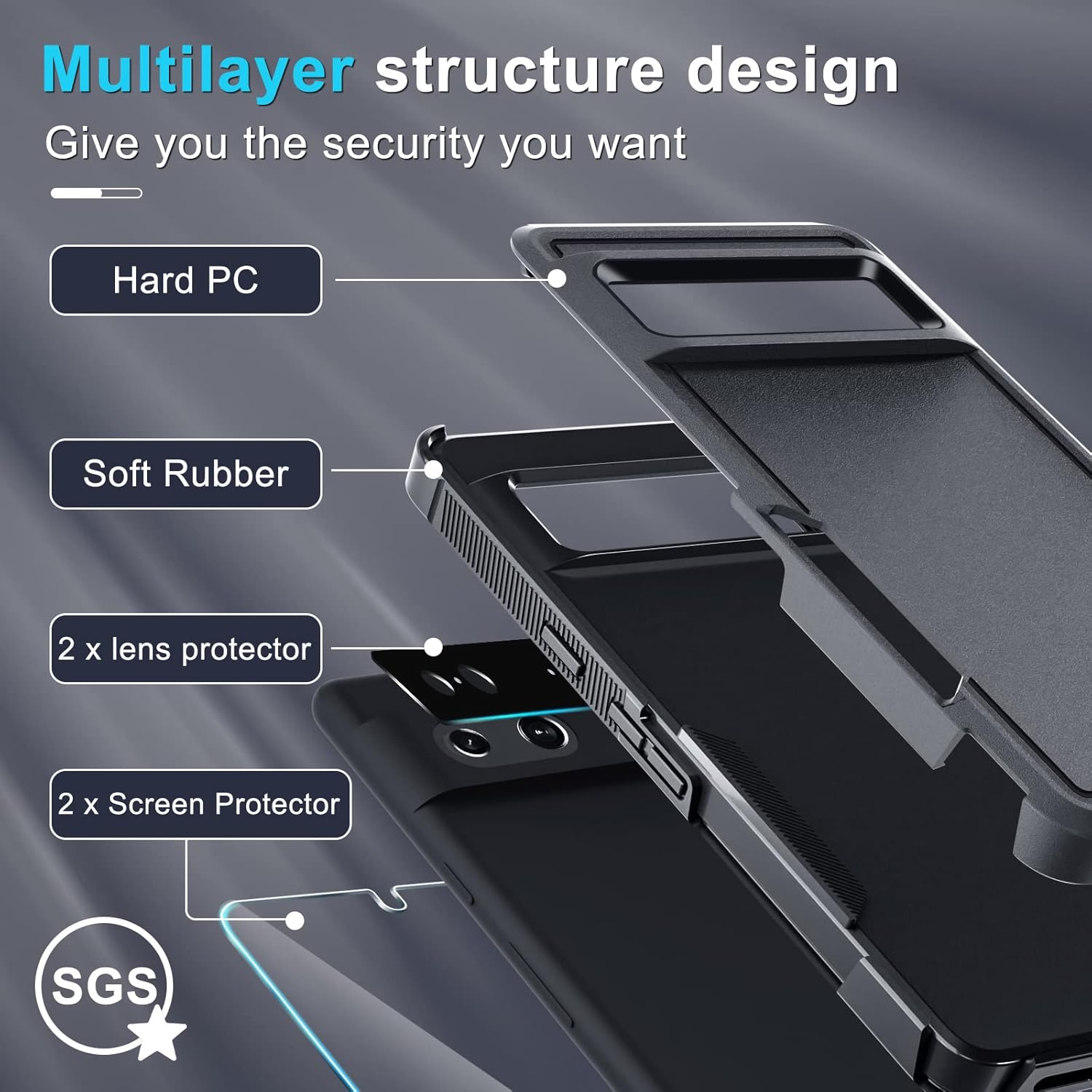 Janmitta Funda para Google Pixel 7 con protector de pantalla 2 unidades + protector de lente de cámara 2 paquetes, funda protectora de cuerpo